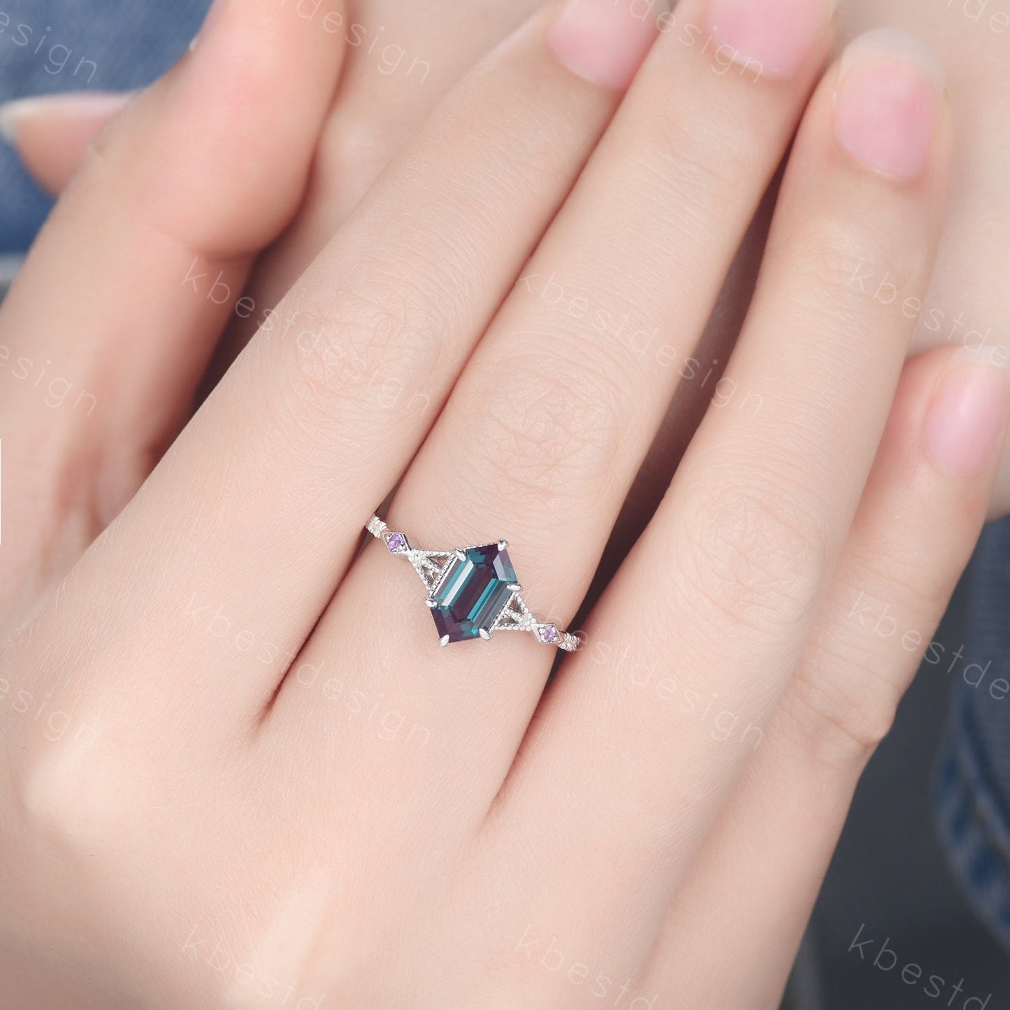 Antique Hexagon cut Alexandrite engagement ring 14k white gold amethyst ring vintage unique moissanite bridal wedding ring June birthstone