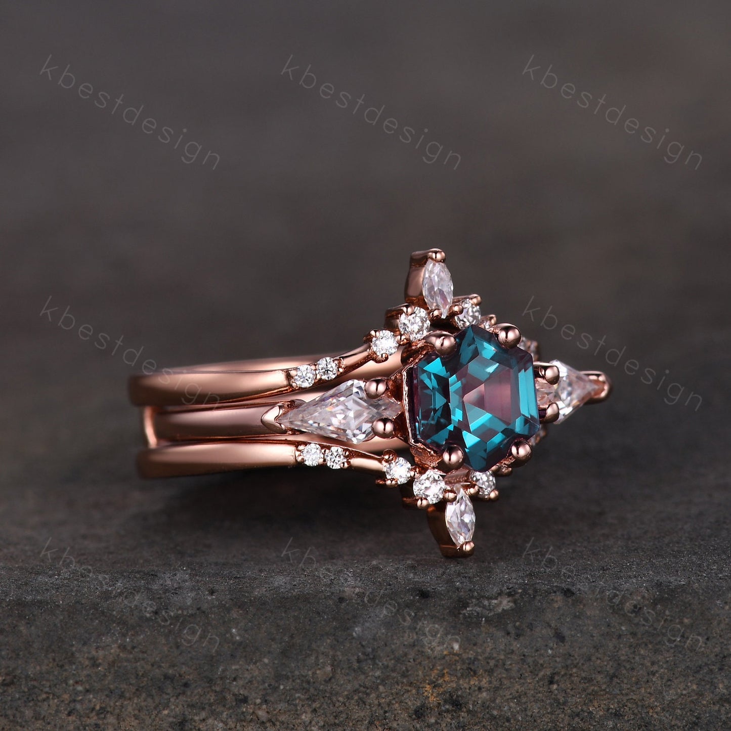 Vintage Alexandrite engagement ring set hexagon cut ring rose gold art deco three stone ring double curved Moissanite wedding band for women