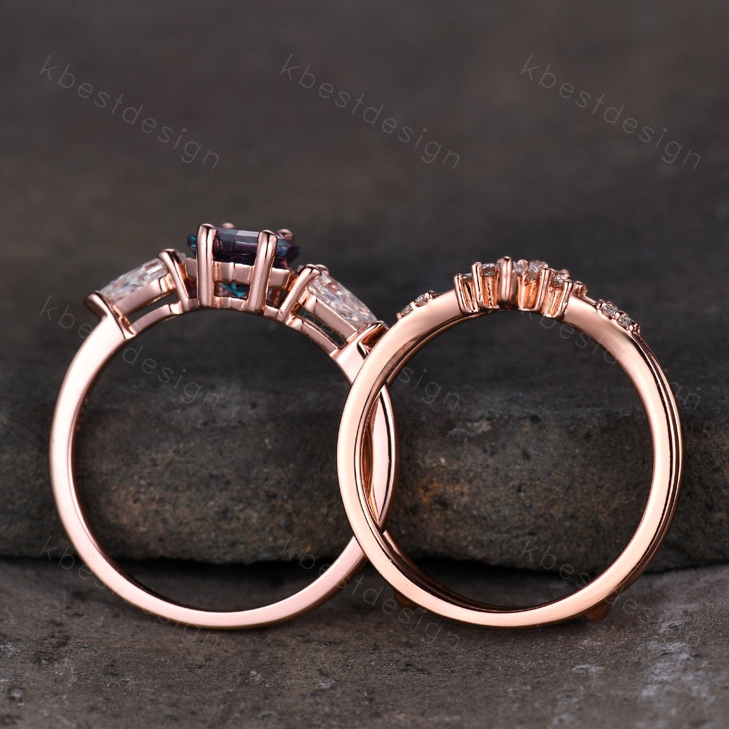 Vintage Alexandrite engagement ring set hexagon cut ring rose gold art deco three stone ring double curved Moissanite wedding band for women
