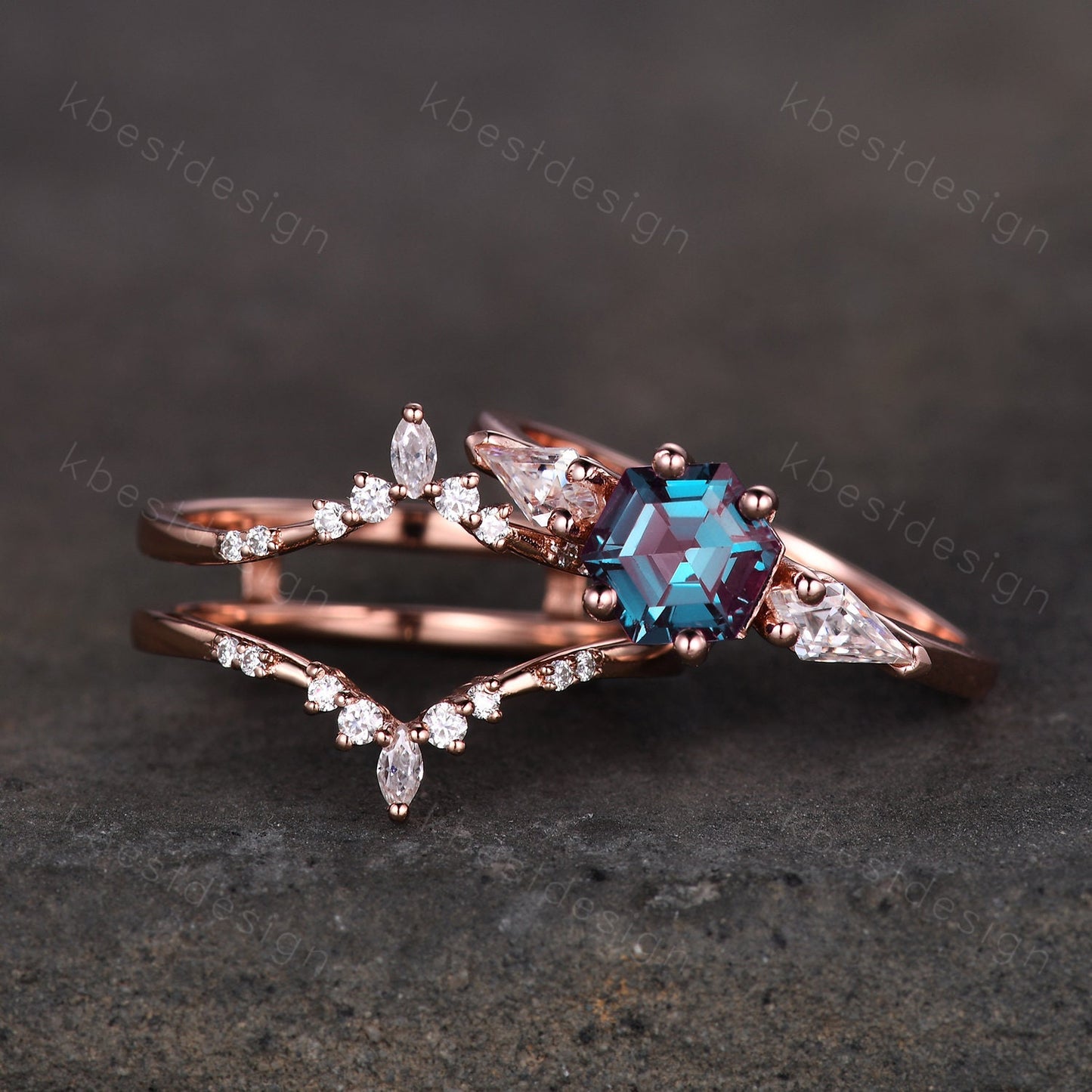 Vintage Alexandrite engagement ring set hexagon cut ring rose gold art deco three stone ring double curved Moissanite wedding band for women