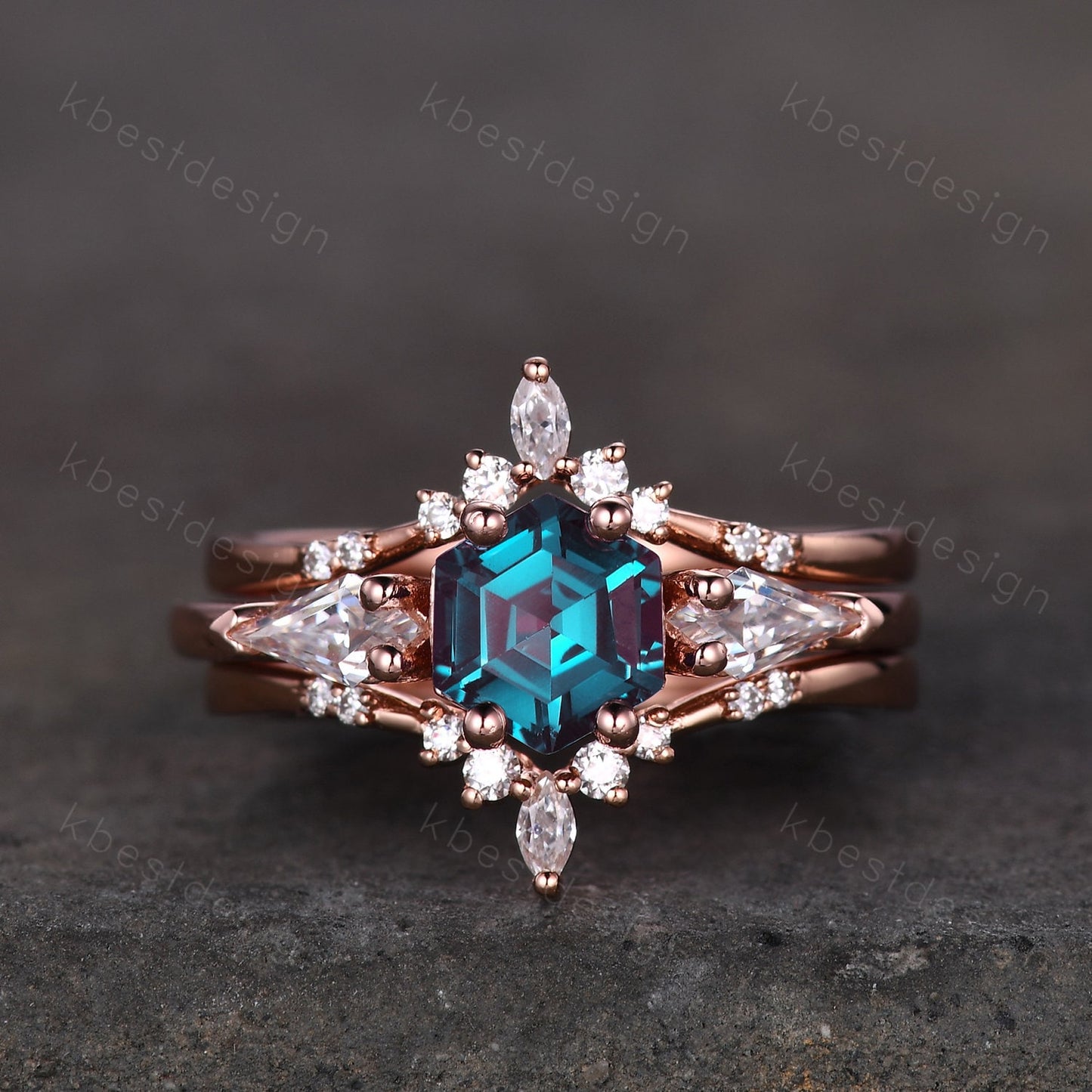Vintage Alexandrite engagement ring set hexagon cut ring rose gold art deco three stone ring double curved Moissanite wedding band for women