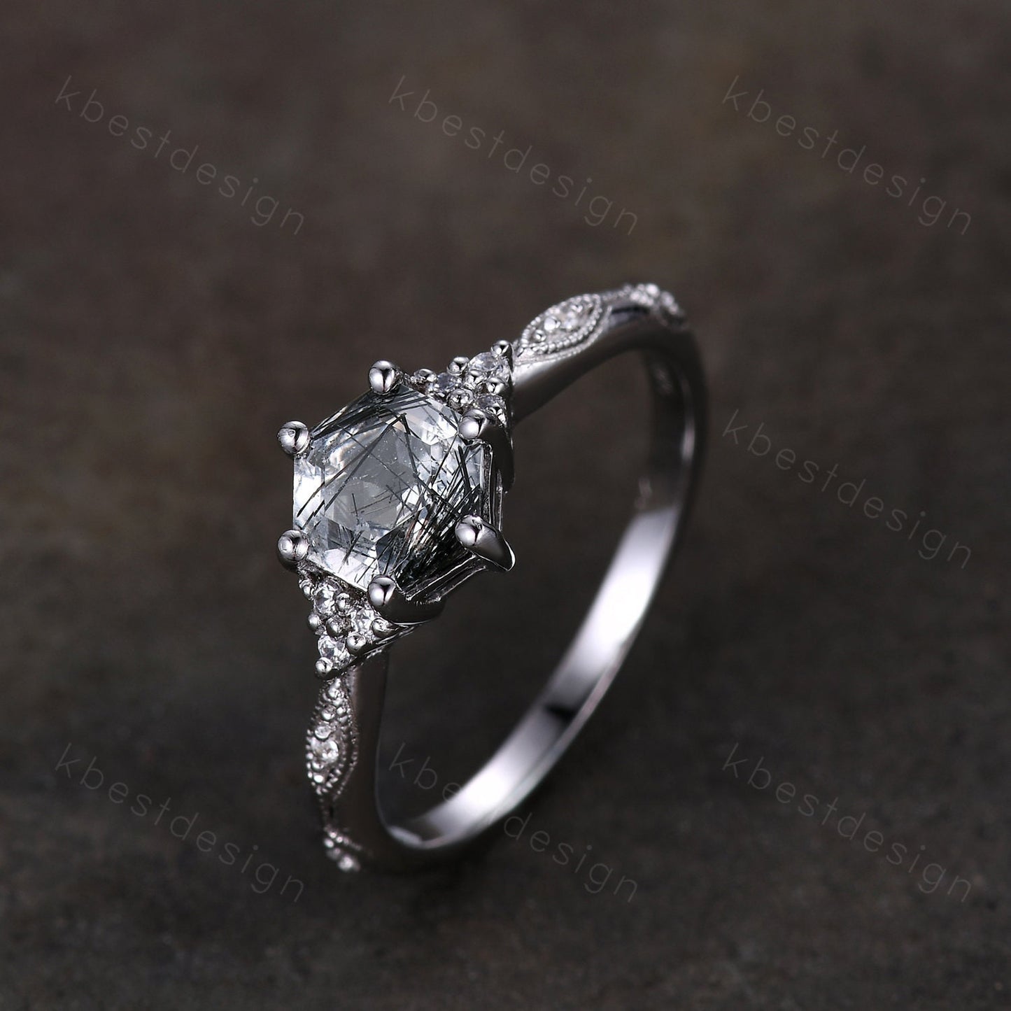 Hexagon cut black rutilated quartz engagement ring sterling silver art deco moissanite ring women black gemstone ring anniversary ring