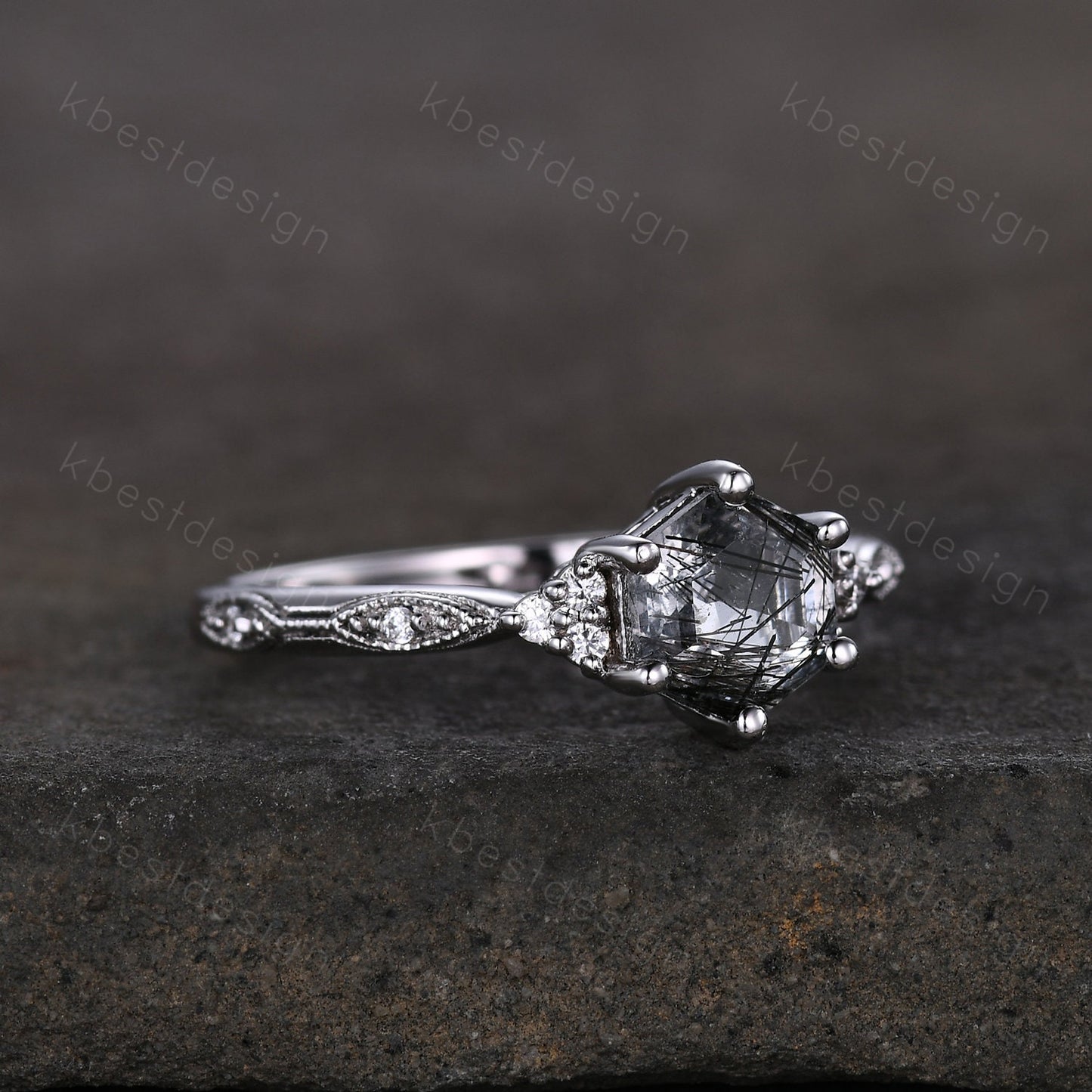 Hexagon cut black rutilated quartz engagement ring sterling silver art deco moissanite ring women black gemstone ring anniversary ring