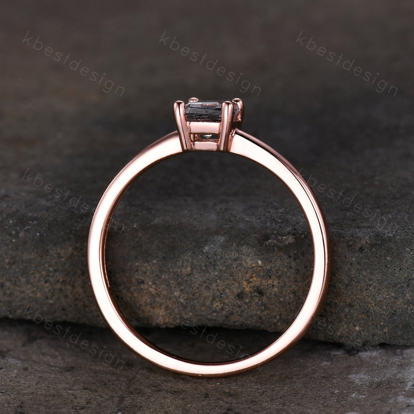 Emerald cut black rutilated quartz ring rose gold solitaire engagement ring minimalist ring delicate black stone ring anniversary ring