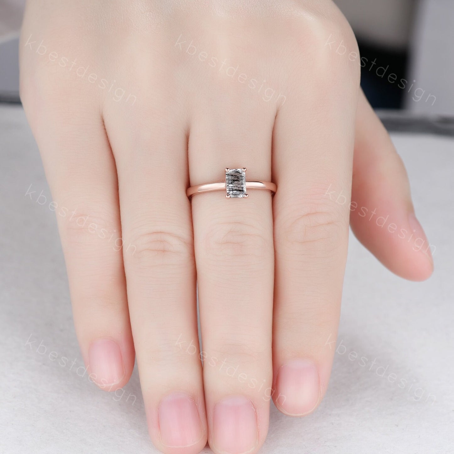 Emerald cut black rutilated quartz ring rose gold solitaire engagement ring minimalist ring delicate black stone ring anniversary ring