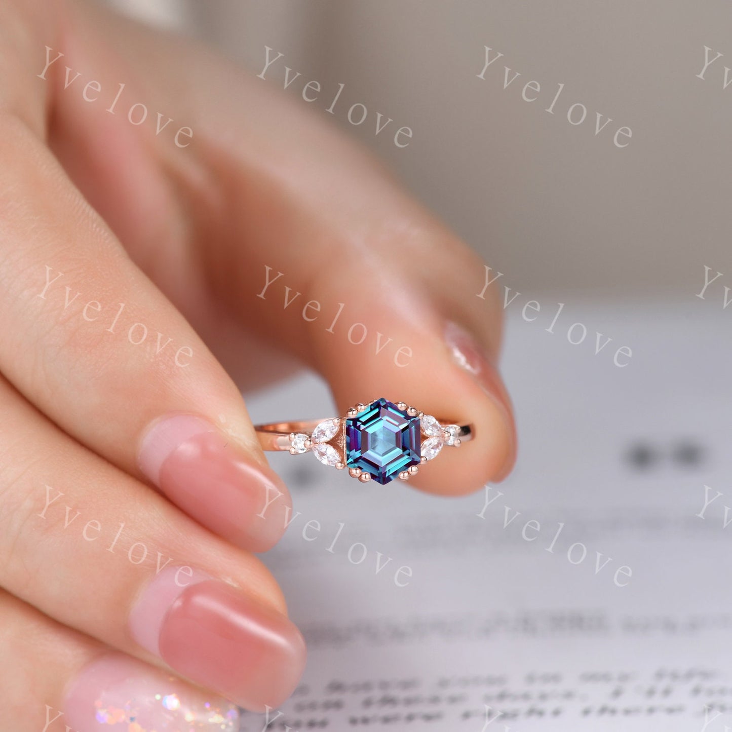Hexagon Alexandrite Ring Set,Alexandrite Engagement Ring,Enhancer Wedding Ring,Double Curved band,Women Bridal Stacking Moissanite Band Gift