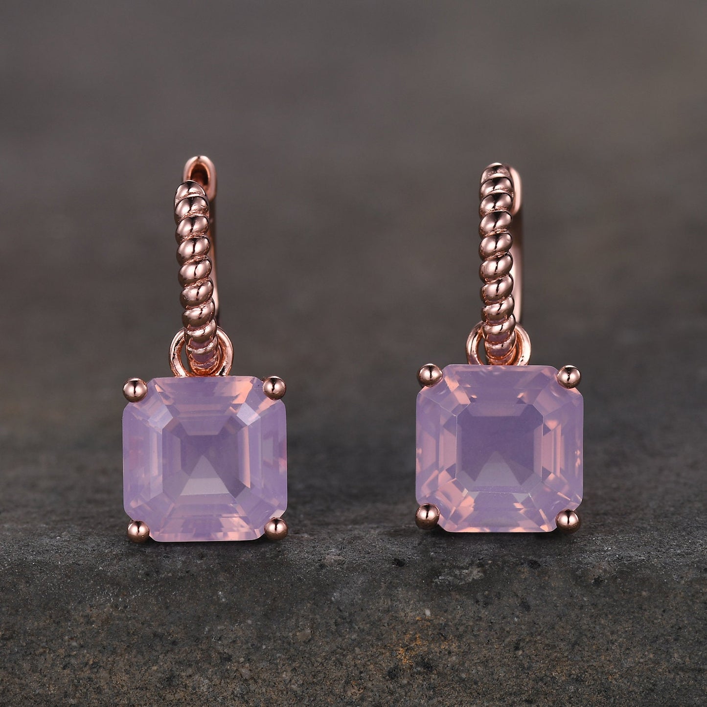 Asscher Lavender Amethyst Hoop Earrings / Dangling Amethyst Hoop Earrings / Rose Gold Twist Rope Hoop Earrings / Mothers Day Sale