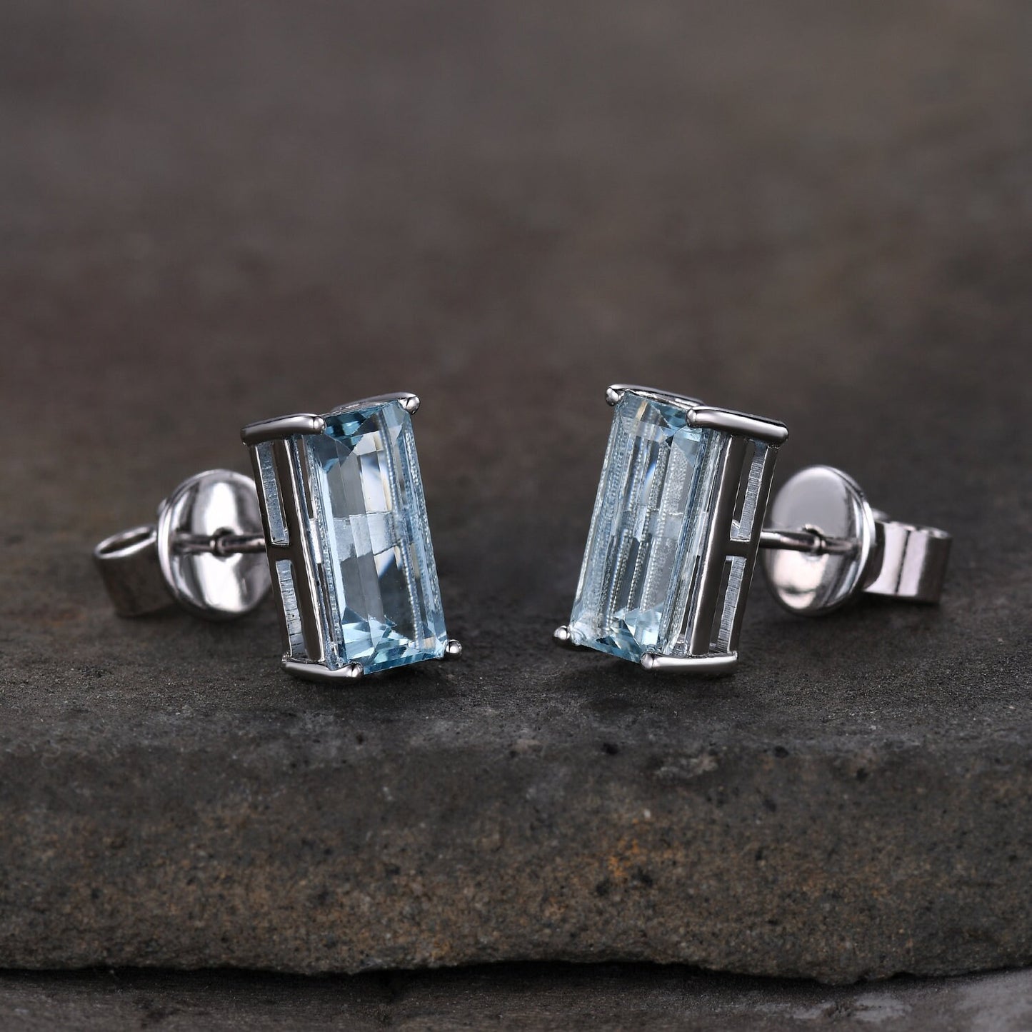 Baguette Aquamarine Stud 14k Gold Baguette Aquamarine Solitaire Earrings Basket Set Stud Earrings 8X5mm Rectangle Aquamarine Earrings