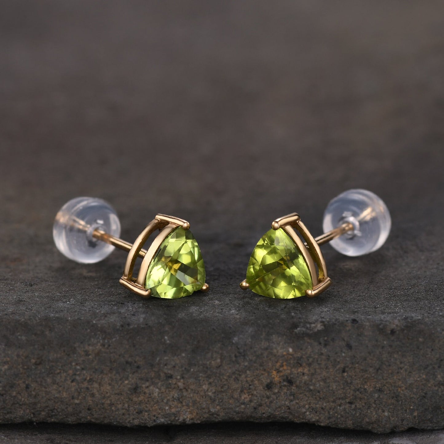 Trillion cut Peridot Studs, 14k Gold Stud Earrings, Peridot Solitaire Earrings, Peridot Jewelry, Minimalist Earrings, Dainty Studs, Gift