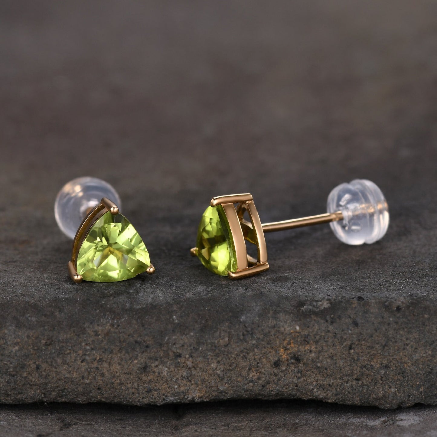 Trillion cut Peridot Studs, 14k Gold Stud Earrings, Peridot Solitaire Earrings, Peridot Jewelry, Minimalist Earrings, Dainty Studs, Gift