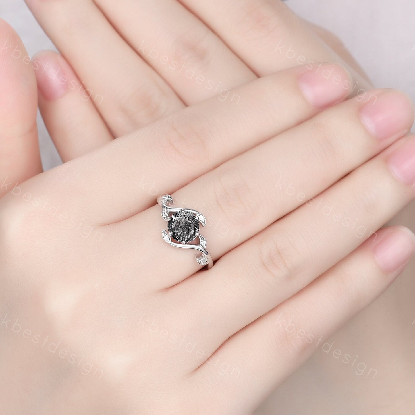 Round cut black rutilated quartz engagement ring vintage unique black gemstone ring art deco leaf style moissanite ring anniversary gift
