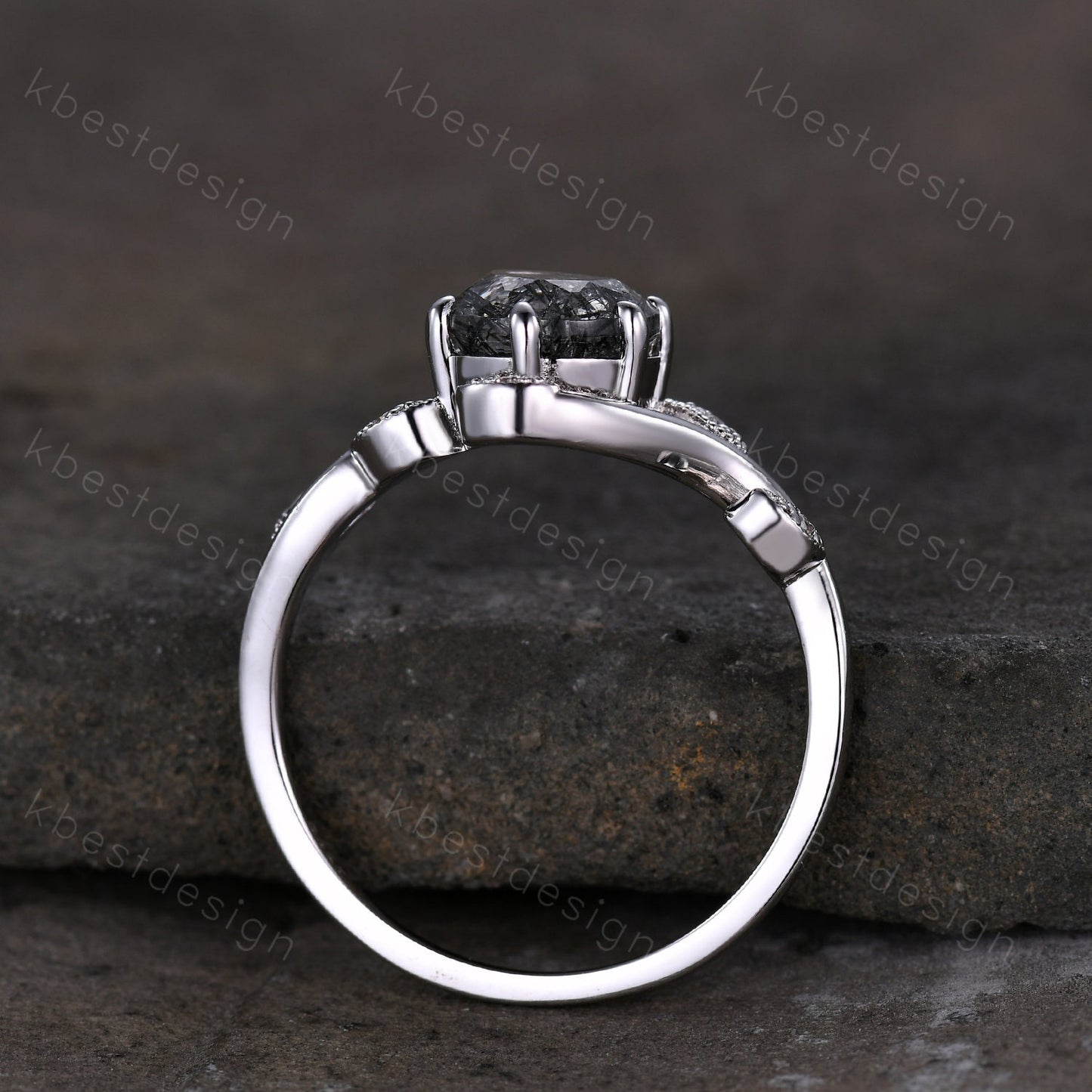 Round cut black rutilated quartz engagement ring vintage unique black gemstone ring art deco leaf style moissanite ring anniversary gift