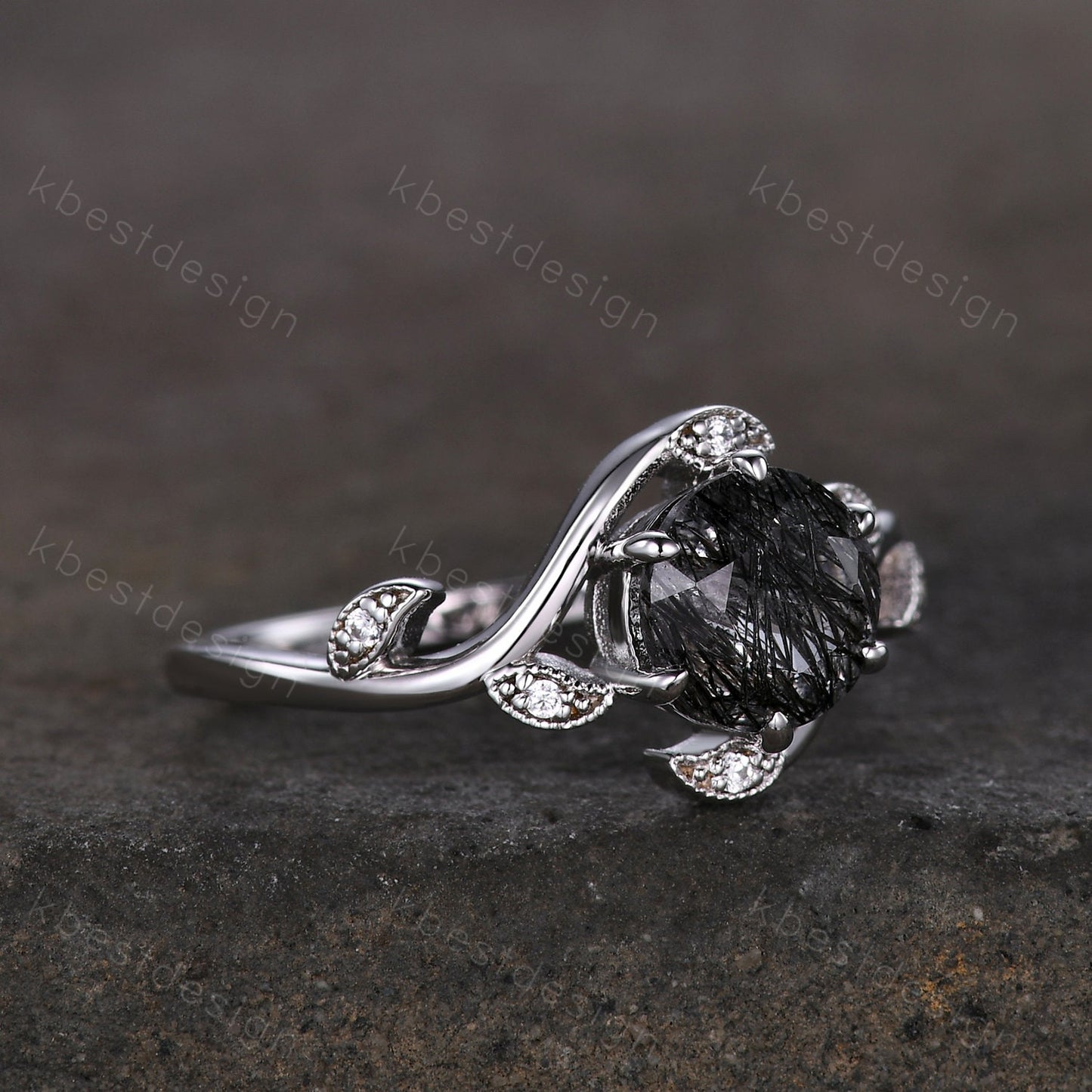 Round cut black rutilated quartz engagement ring vintage unique black gemstone ring art deco leaf style moissanite ring anniversary gift