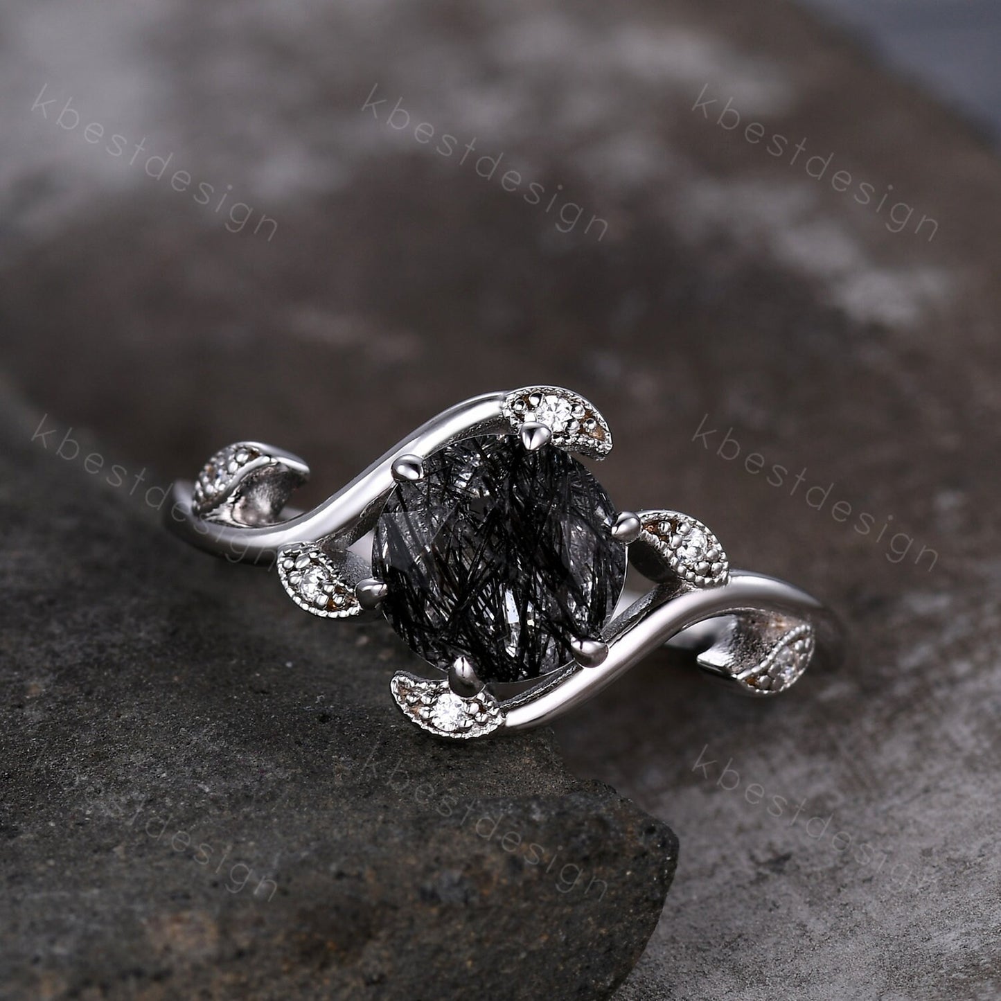 Round cut black rutilated quartz engagement ring vintage unique black gemstone ring art deco leaf style moissanite ring anniversary gift