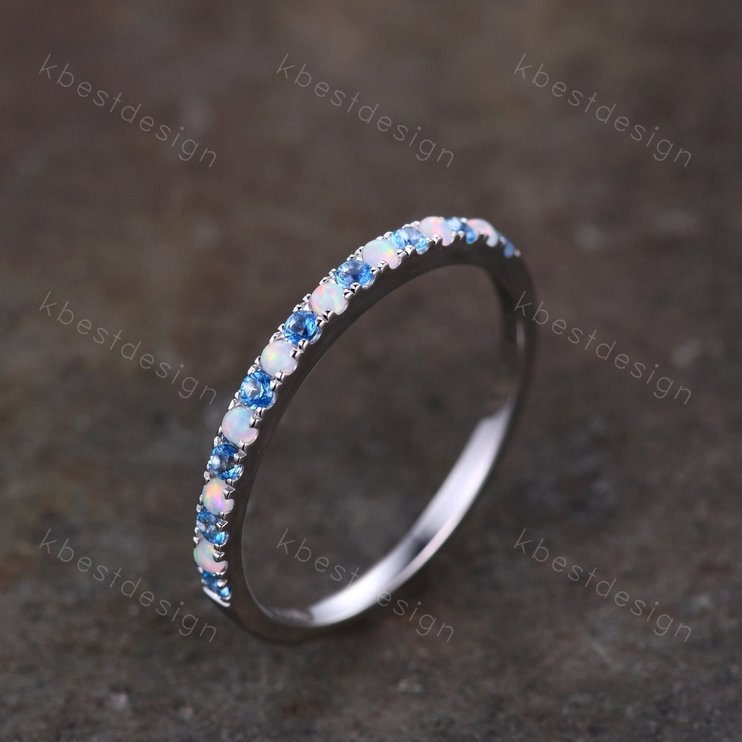Half Eternity Blue Topaz Opal Wedding Band, Swiss Blue Topaz Wedding Ring, Opal Dainty Stacking Matching Band, Anniversary Ring Gift for Her