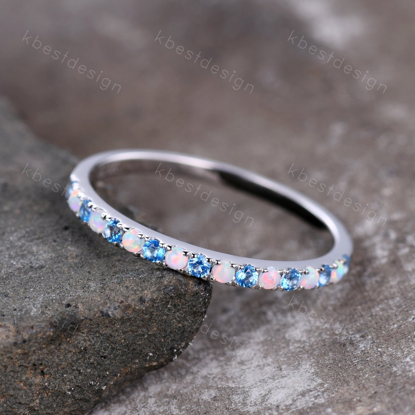Half Eternity Blue Topaz Opal Wedding Band, Swiss Blue Topaz Wedding Ring, Opal Dainty Stacking Matching Band, Anniversary Ring Gift for Her
