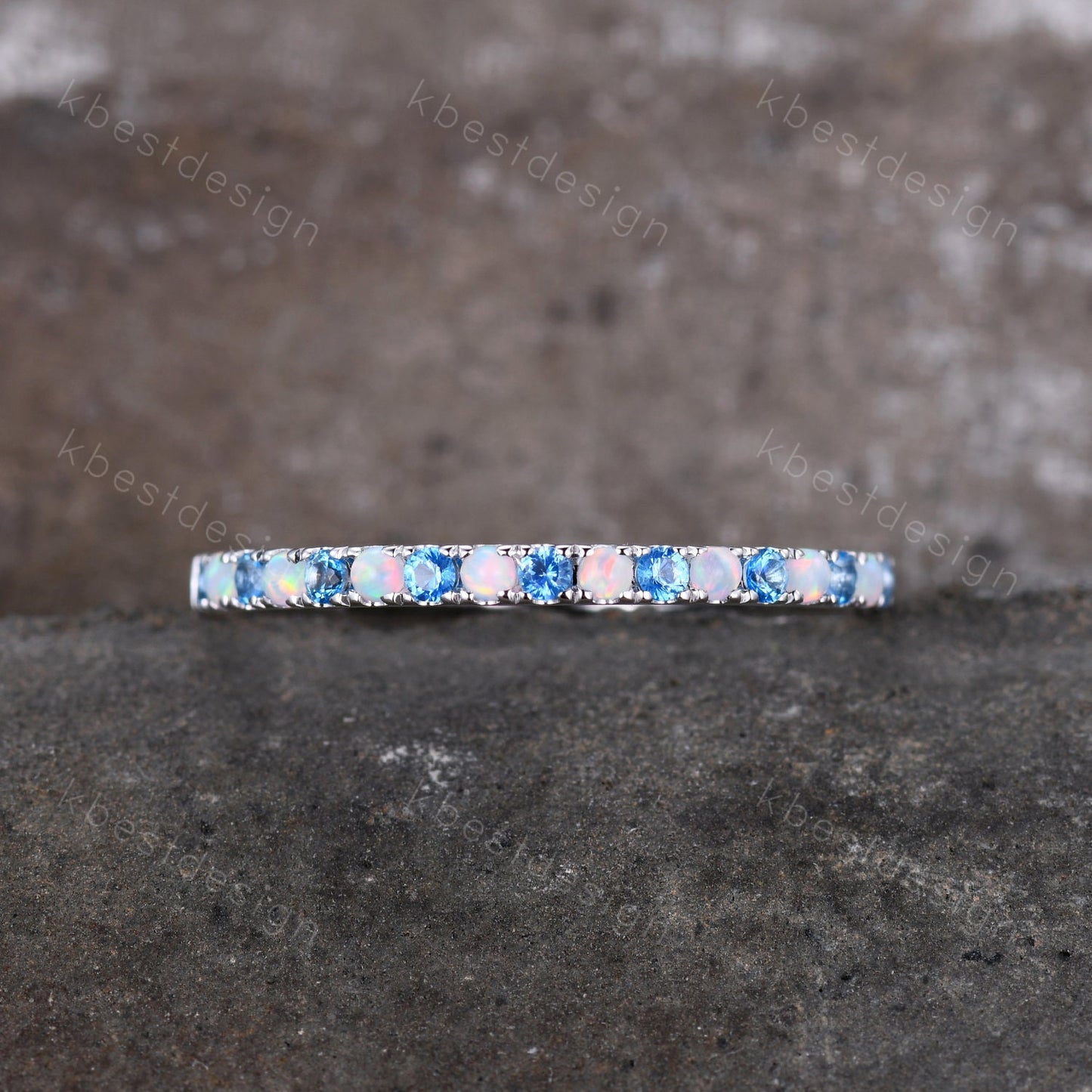 Half Eternity Blue Topaz Opal Wedding Band, Swiss Blue Topaz Wedding Ring, Opal Dainty Stacking Matching Band, Anniversary Ring Gift for Her