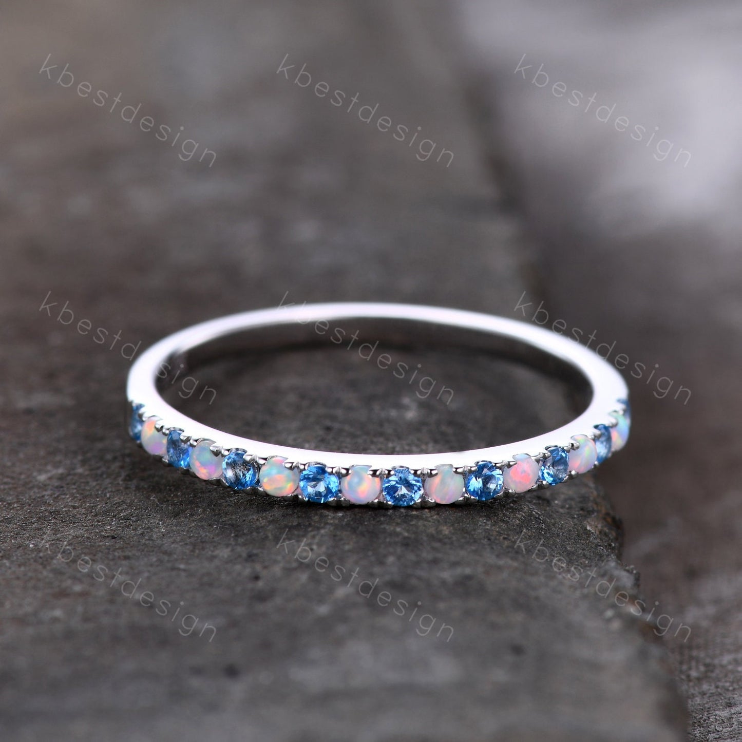 Half Eternity Blue Topaz Opal Wedding Band, Swiss Blue Topaz Wedding Ring, Opal Dainty Stacking Matching Band, Anniversary Ring Gift for Her