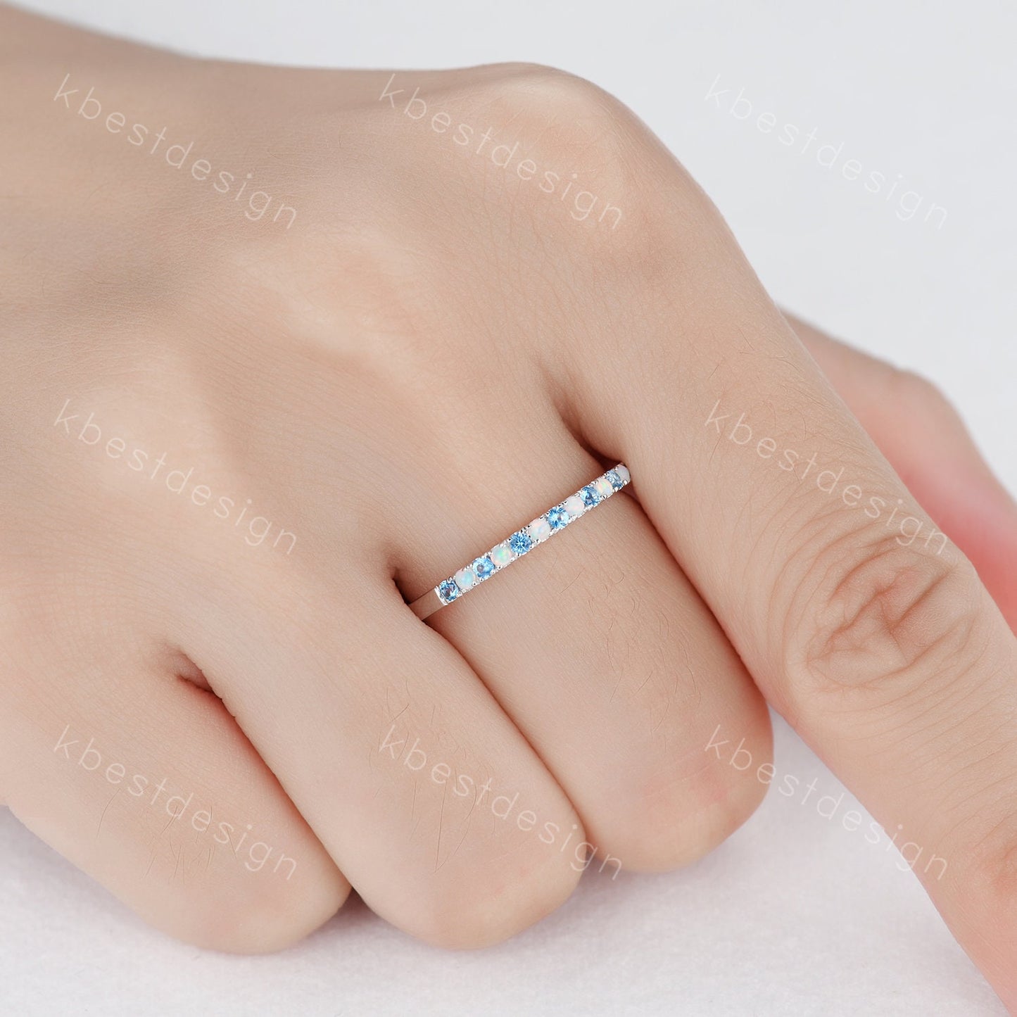 Half Eternity Blue Topaz Opal Wedding Band, Swiss Blue Topaz Wedding Ring, Opal Dainty Stacking Matching Band, Anniversary Ring Gift for Her