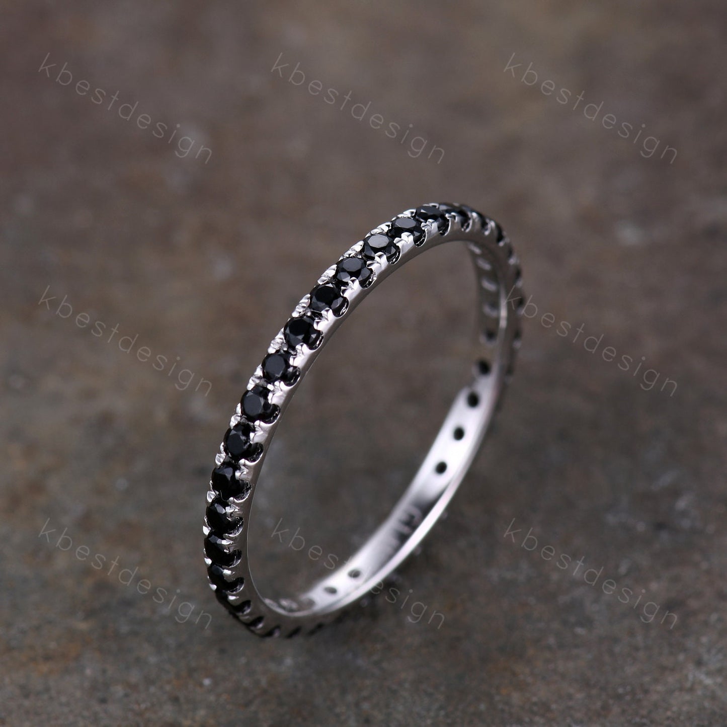 1.5mm Eternity Black Spinel Wedding Band Minimalist Pave Wedding Band White Gold Black Gemstone Stacking Band Anniversary Ring for Her