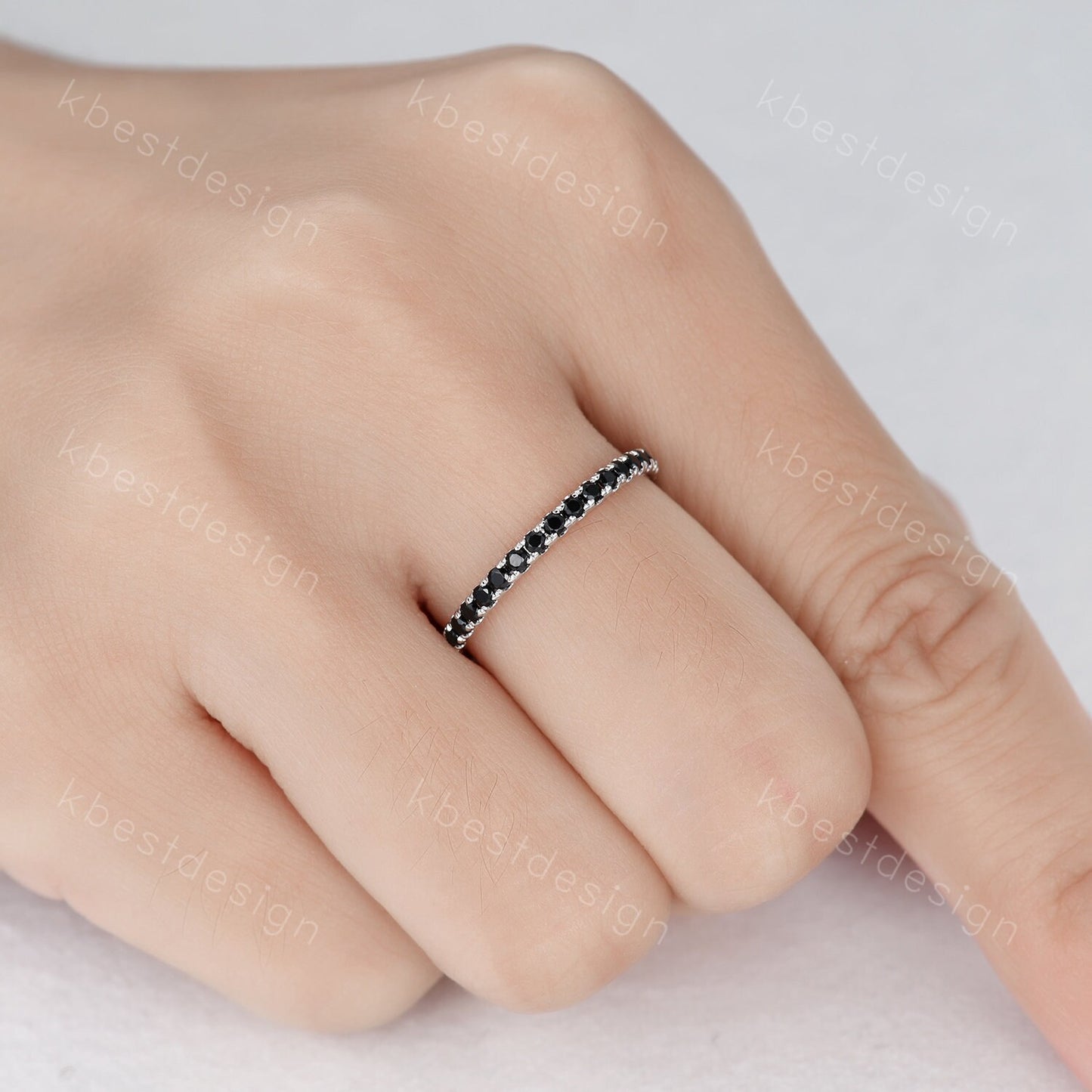 1.5mm Eternity Black Spinel Wedding Band Minimalist Pave Wedding Band White Gold Black Gemstone Stacking Band Anniversary Ring for Her