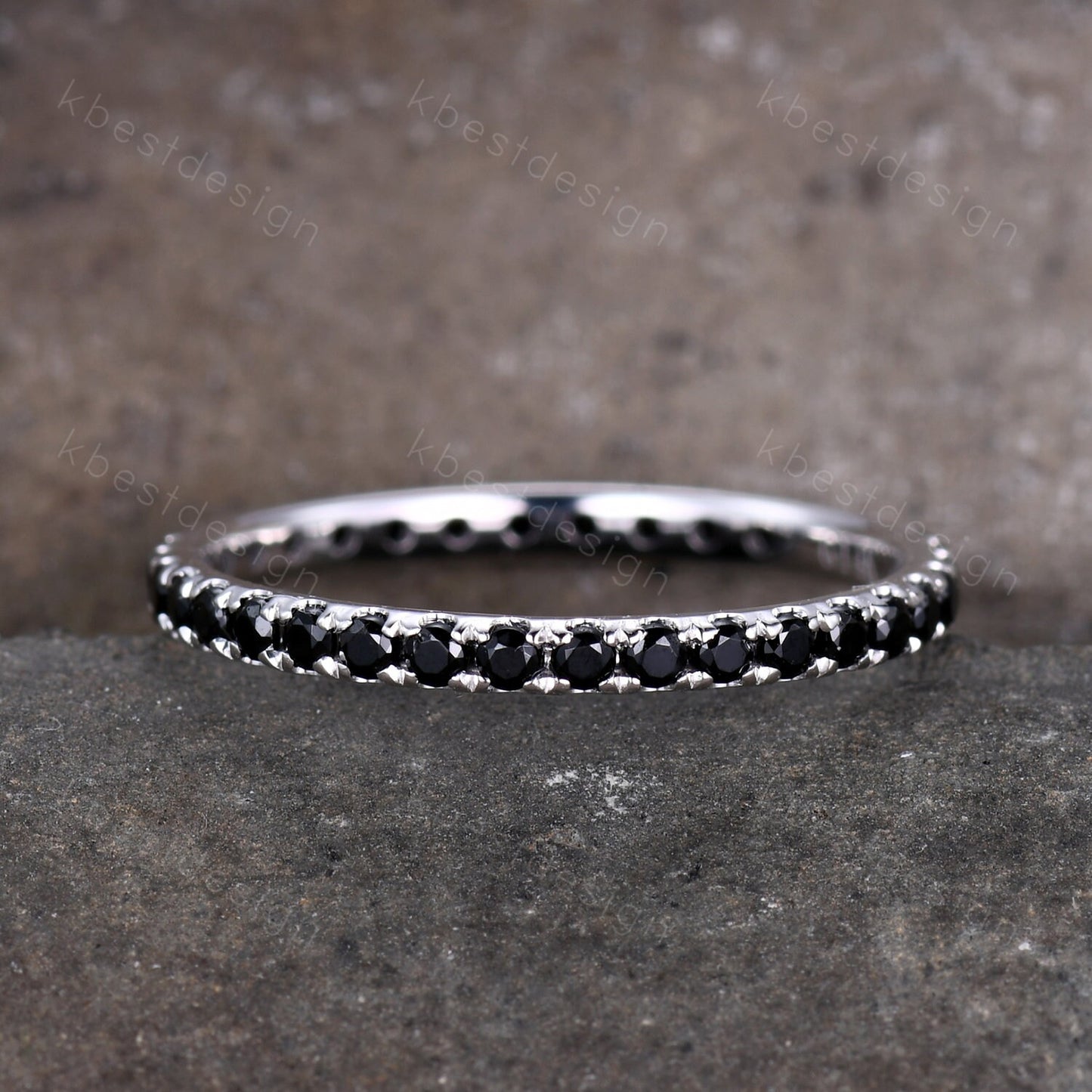 1.5mm Eternity Black Spinel Wedding Band Minimalist Pave Wedding Band White Gold Black Gemstone Stacking Band Anniversary Ring for Her