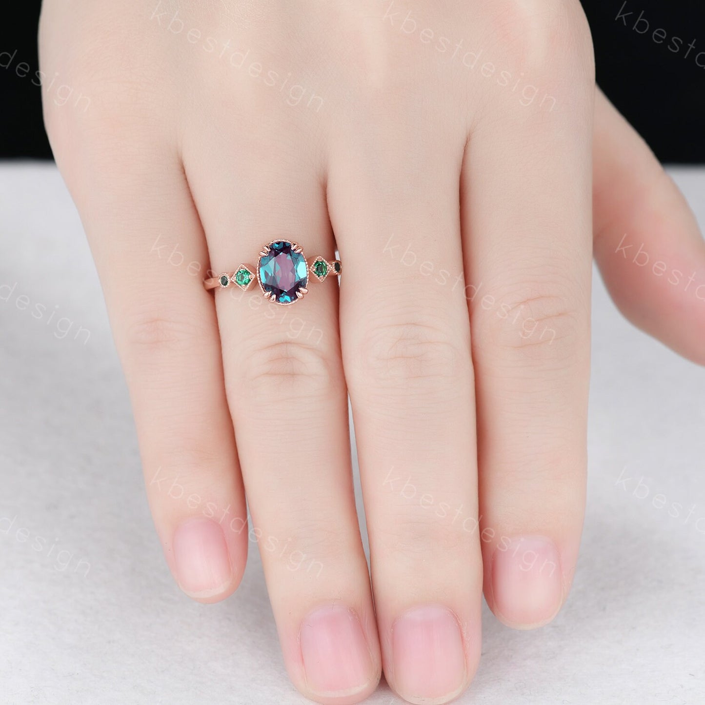 Alexandrite ring art deco vintage oval Alexandrite engagement ring five stone emerald ring women rose gold rings promise anniversary ring