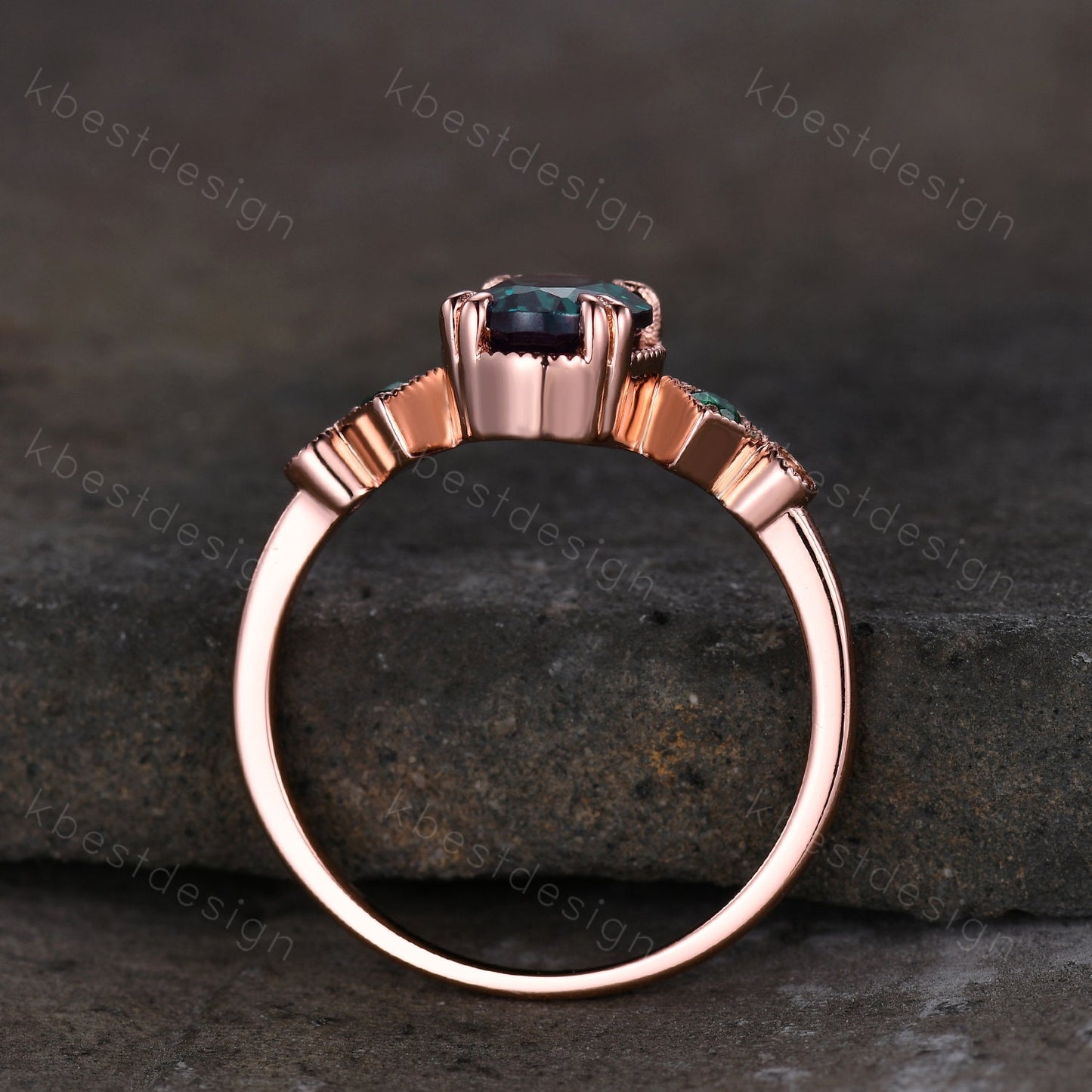 Alexandrite ring art deco vintage oval Alexandrite engagement ring five stone emerald ring women rose gold rings promise anniversary ring