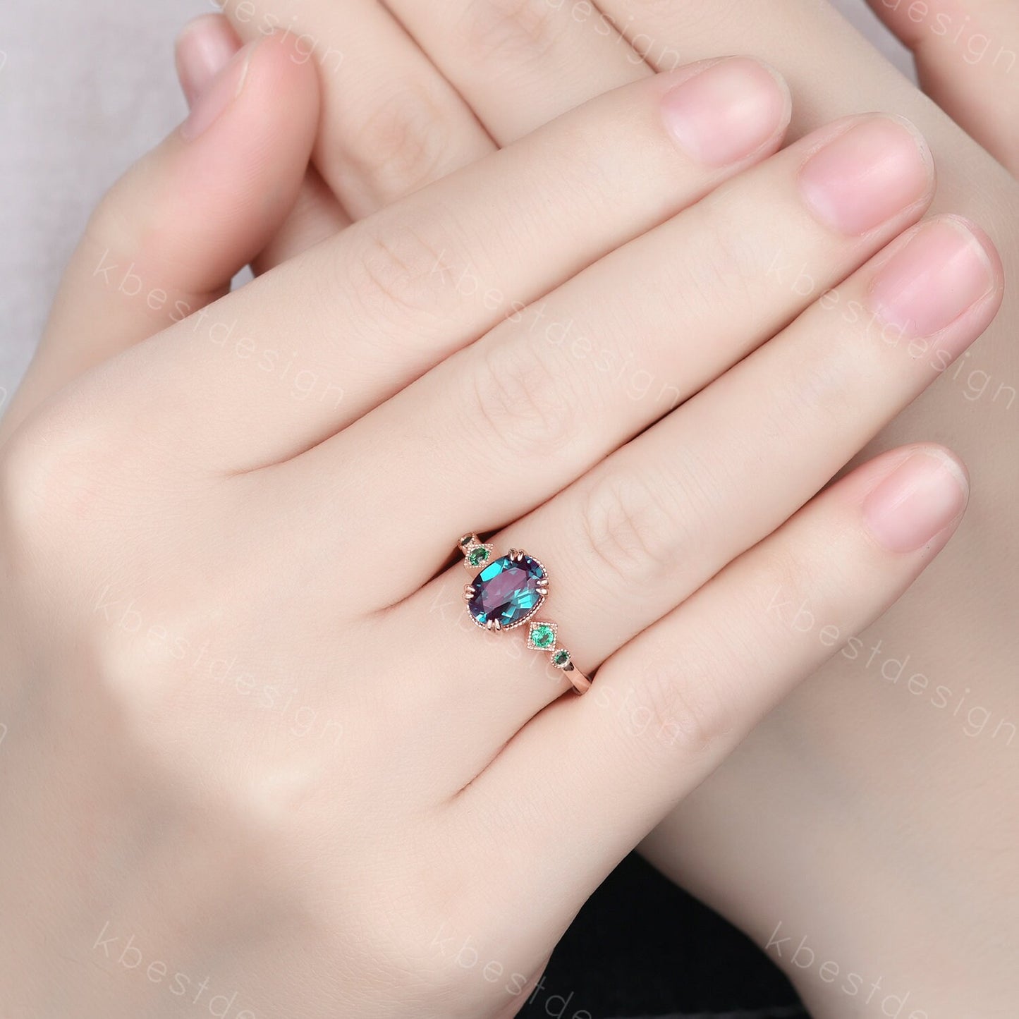 Alexandrite ring art deco vintage oval Alexandrite engagement ring five stone emerald ring women rose gold rings promise anniversary ring