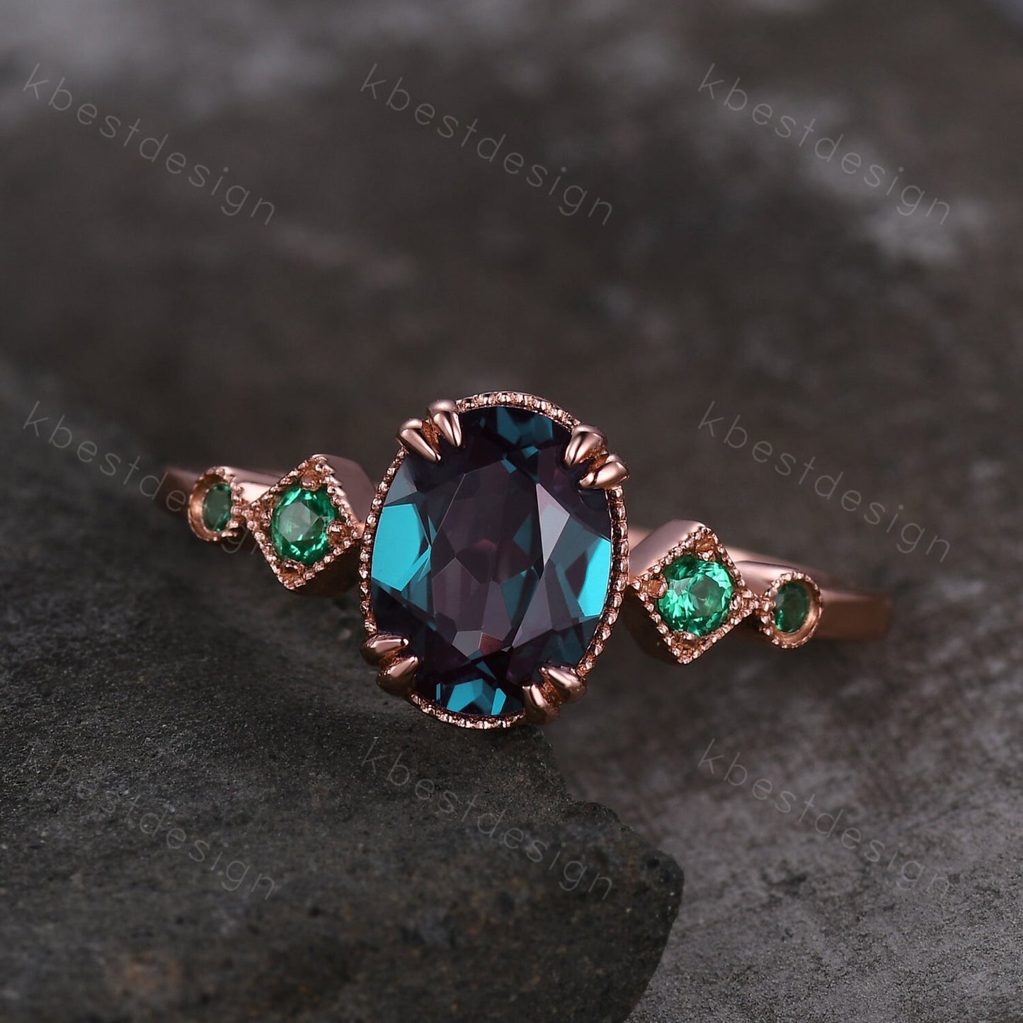 Alexandrite ring art deco vintage oval Alexandrite engagement ring five stone emerald ring women rose gold rings promise anniversary ring