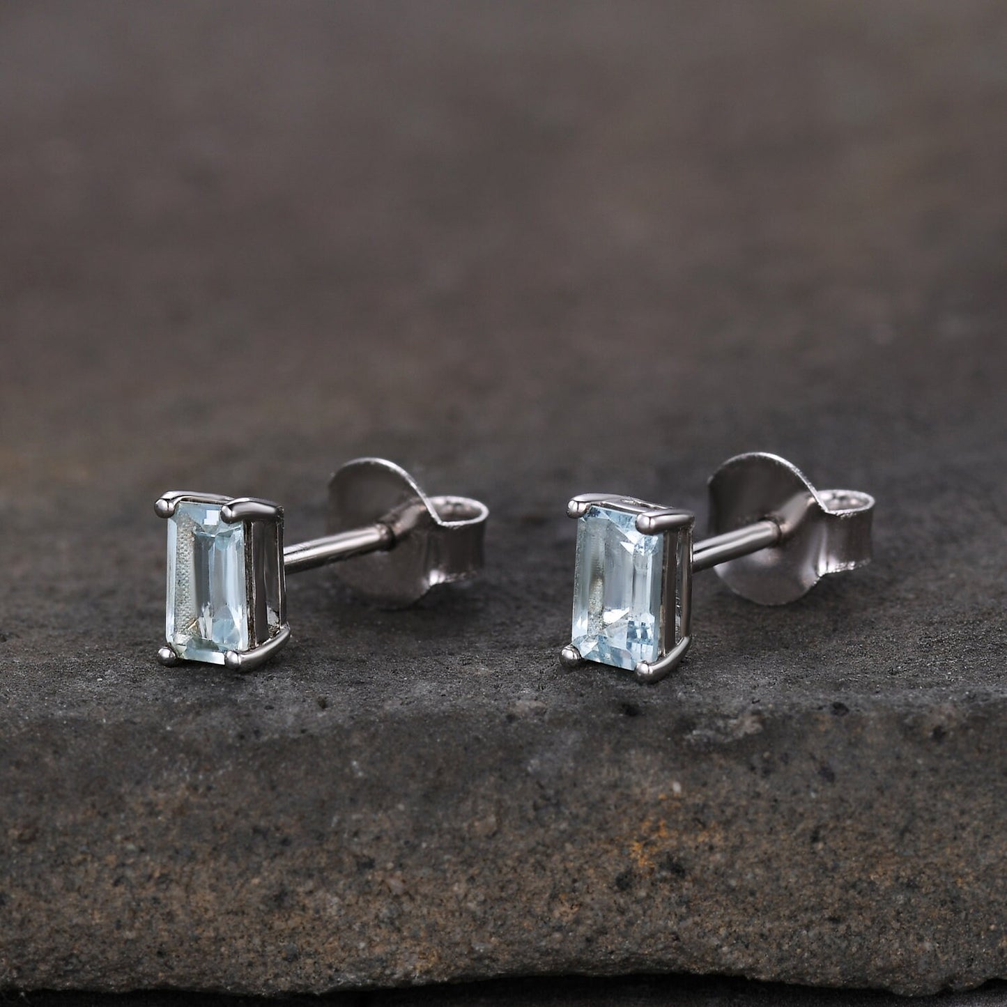 Aquamarine Stud Earrings, Tiny Aquamarine Studs, Baguette Earrings, Solitaire Earrings, March Jewelry, Minimalist Earrings, Dainty Studs