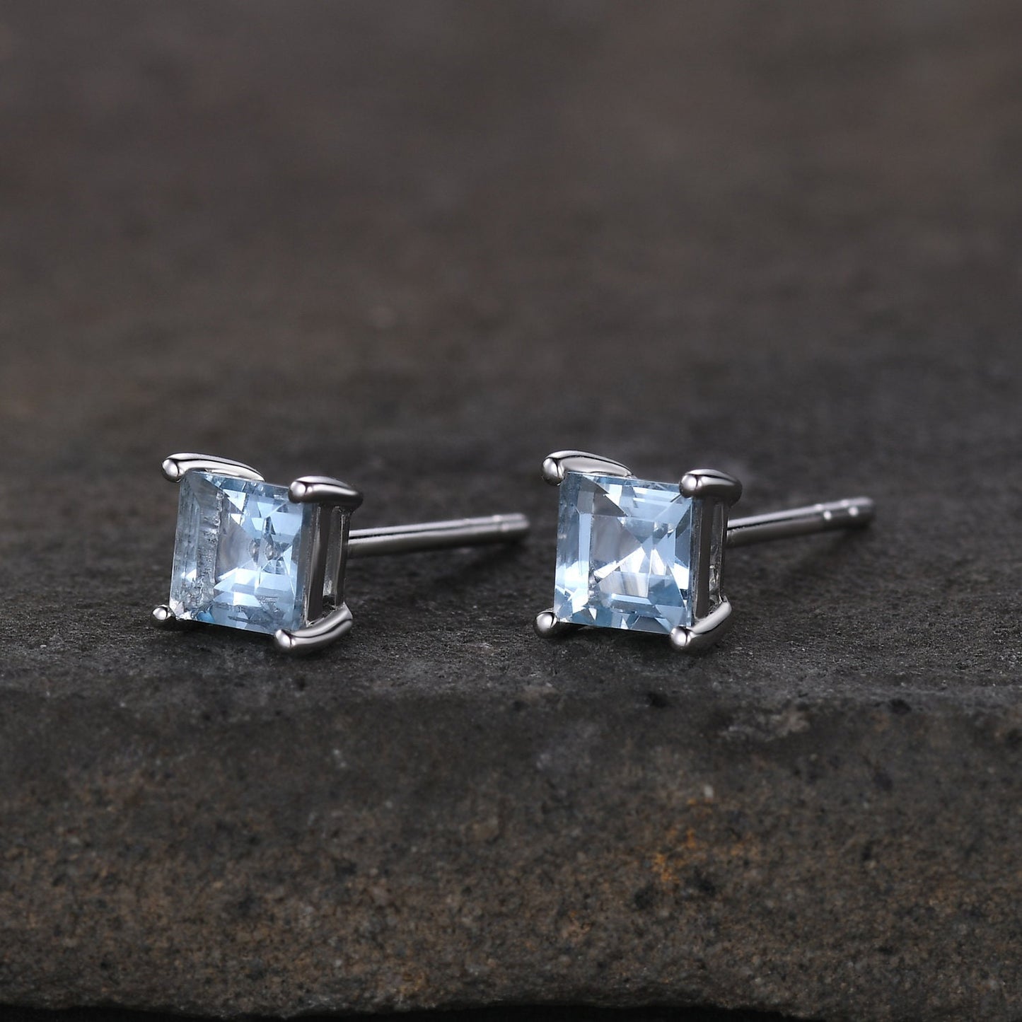 Genuine aquamarine stud earrings, princess cut aquamarine earring studs, 5mm AAA aquamarine studs, March birthstone, minimalist, tiny studs