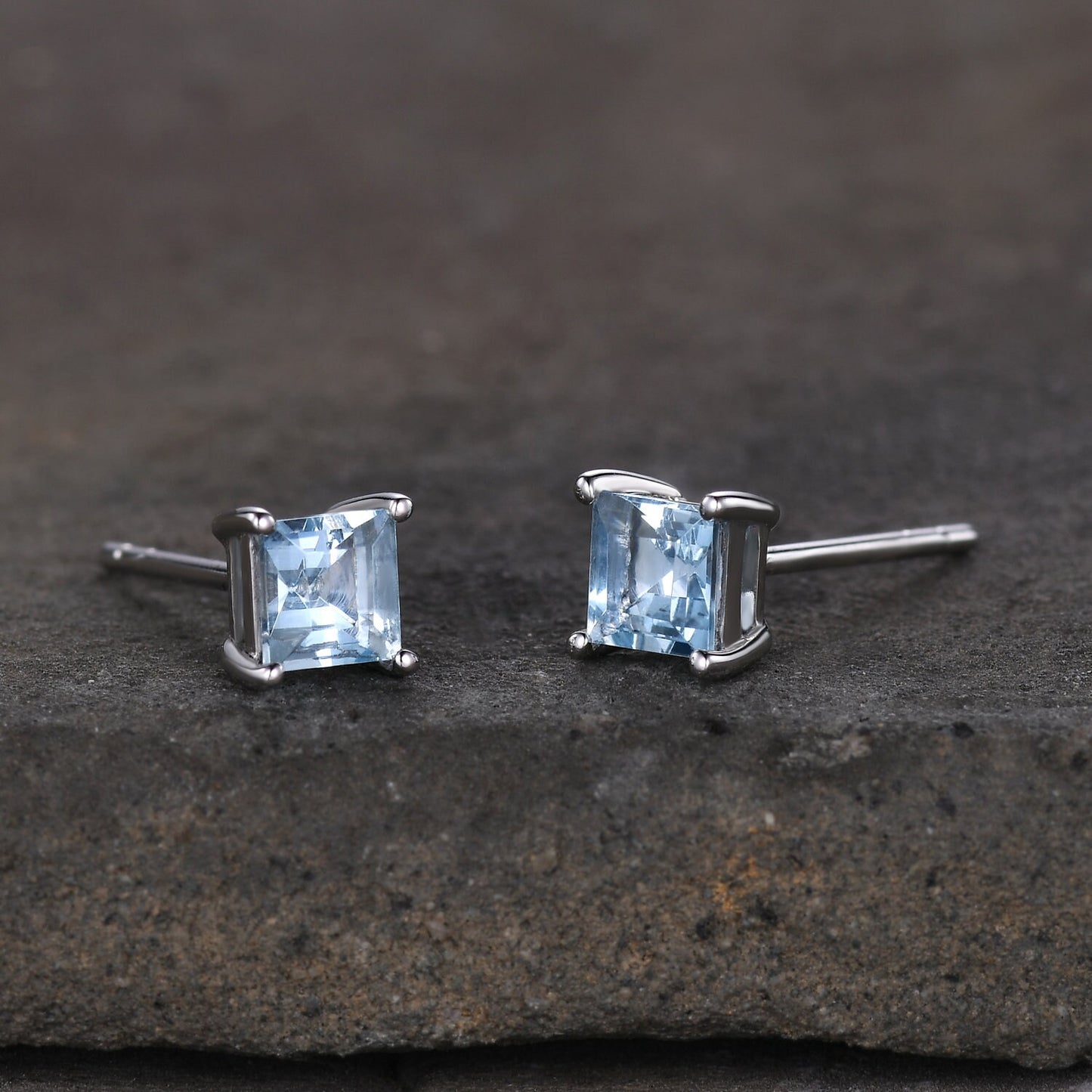 Genuine aquamarine stud earrings, princess cut aquamarine earring studs, 5mm AAA aquamarine studs, March birthstone, minimalist, tiny studs