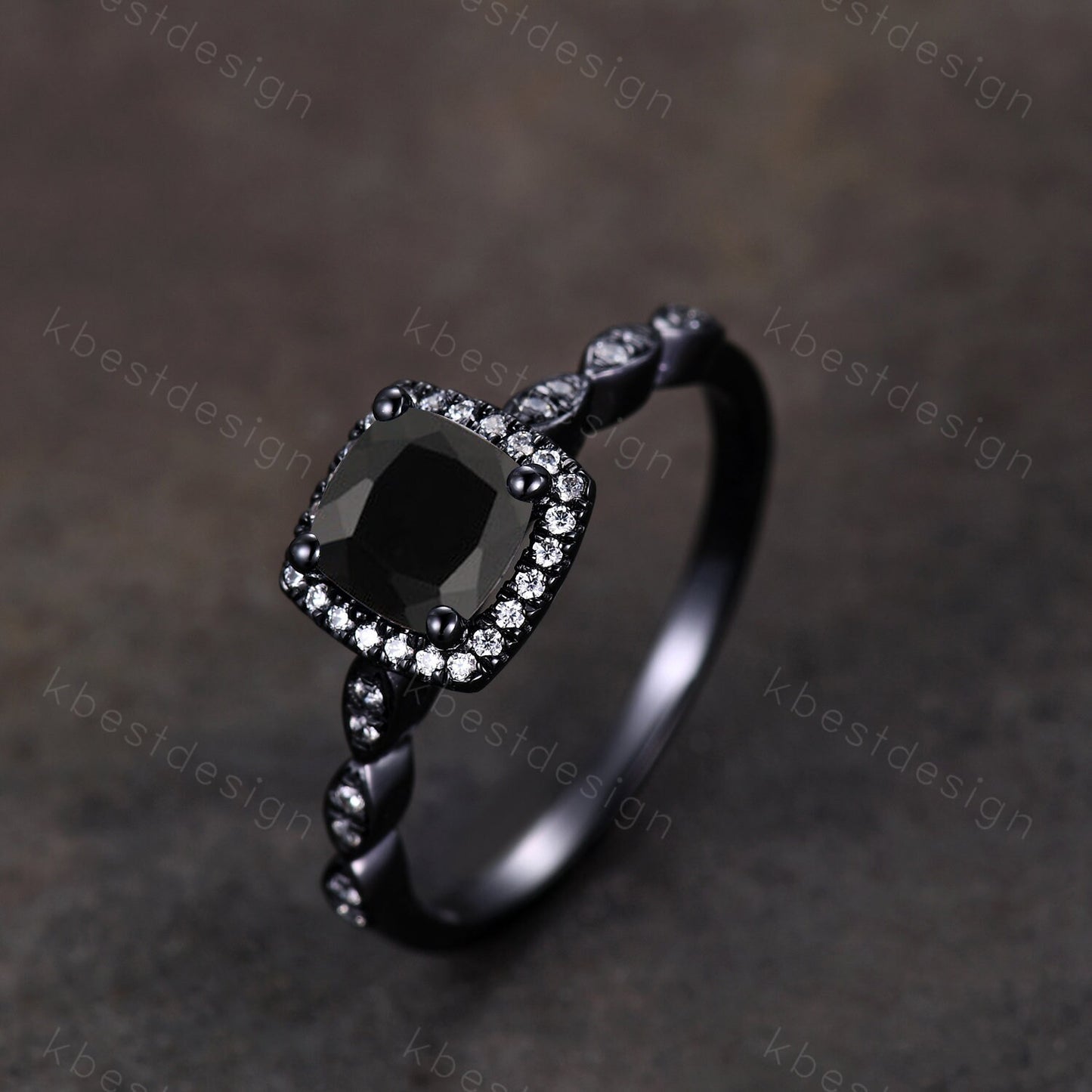 Cushion Cut Natural Black Onyx Engagement Ring Unique Black Gold Ring Vintage Halo Engagement Ring Art Deco Anniversary gift for women