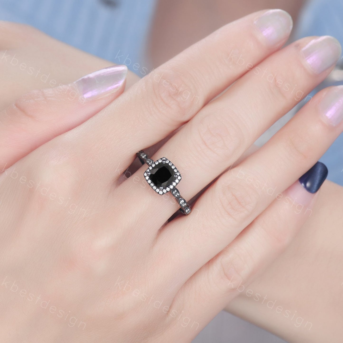 Cushion Cut Natural Black Onyx Engagement Ring Unique Black Gold Ring Vintage Halo Engagement Ring Art Deco Anniversary gift for women