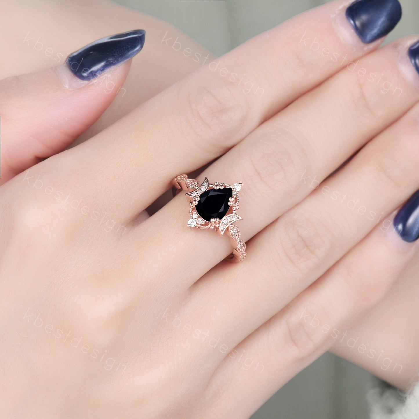 Pear shaped black onyx engagement ring unique moon style ring vintage art deco moissanite wedding ring Antique bridal Promise ring