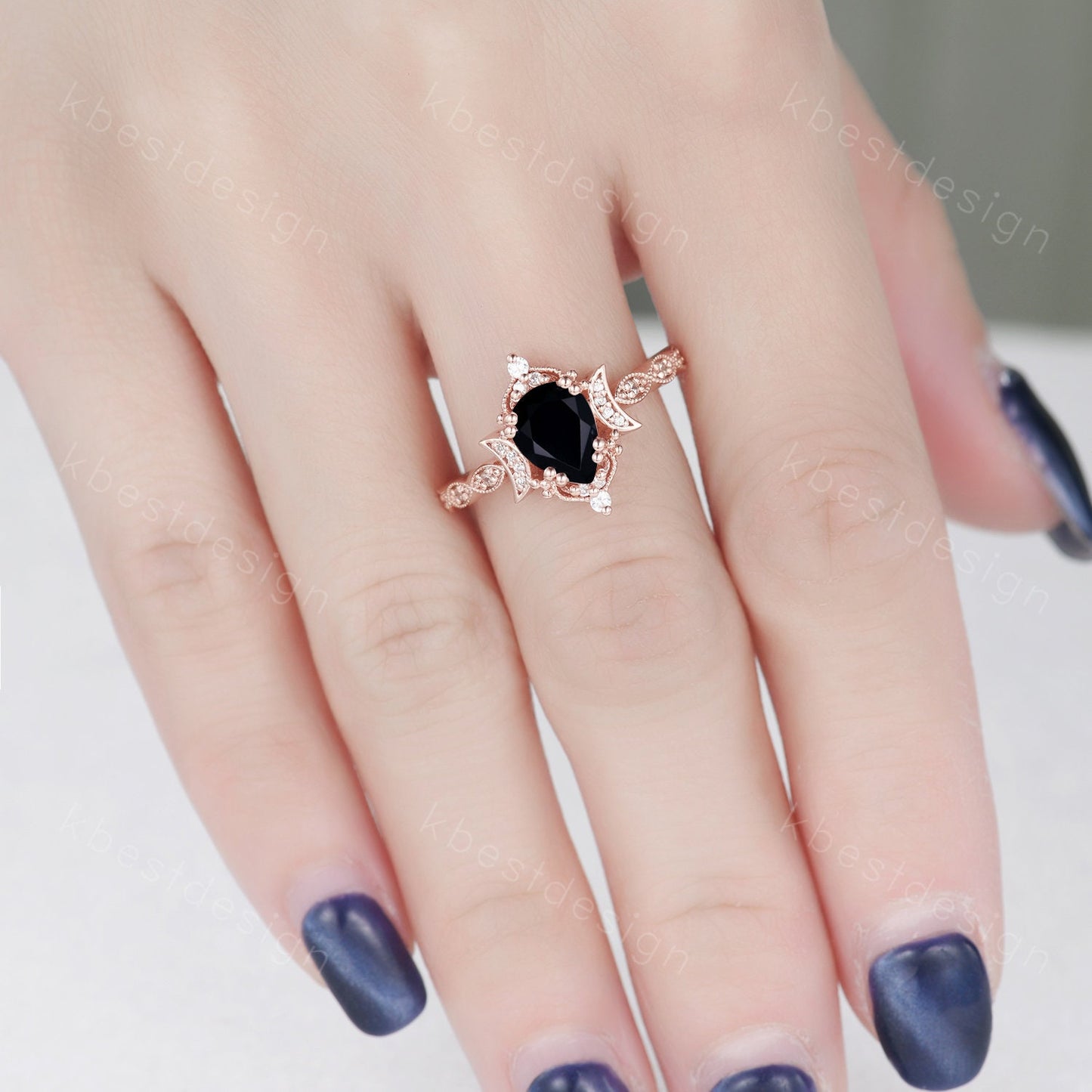Vintage black onyx engagement ring pear cut ring silver unique moon style ring art deco moissanite wedding ring promise anniversary ring
