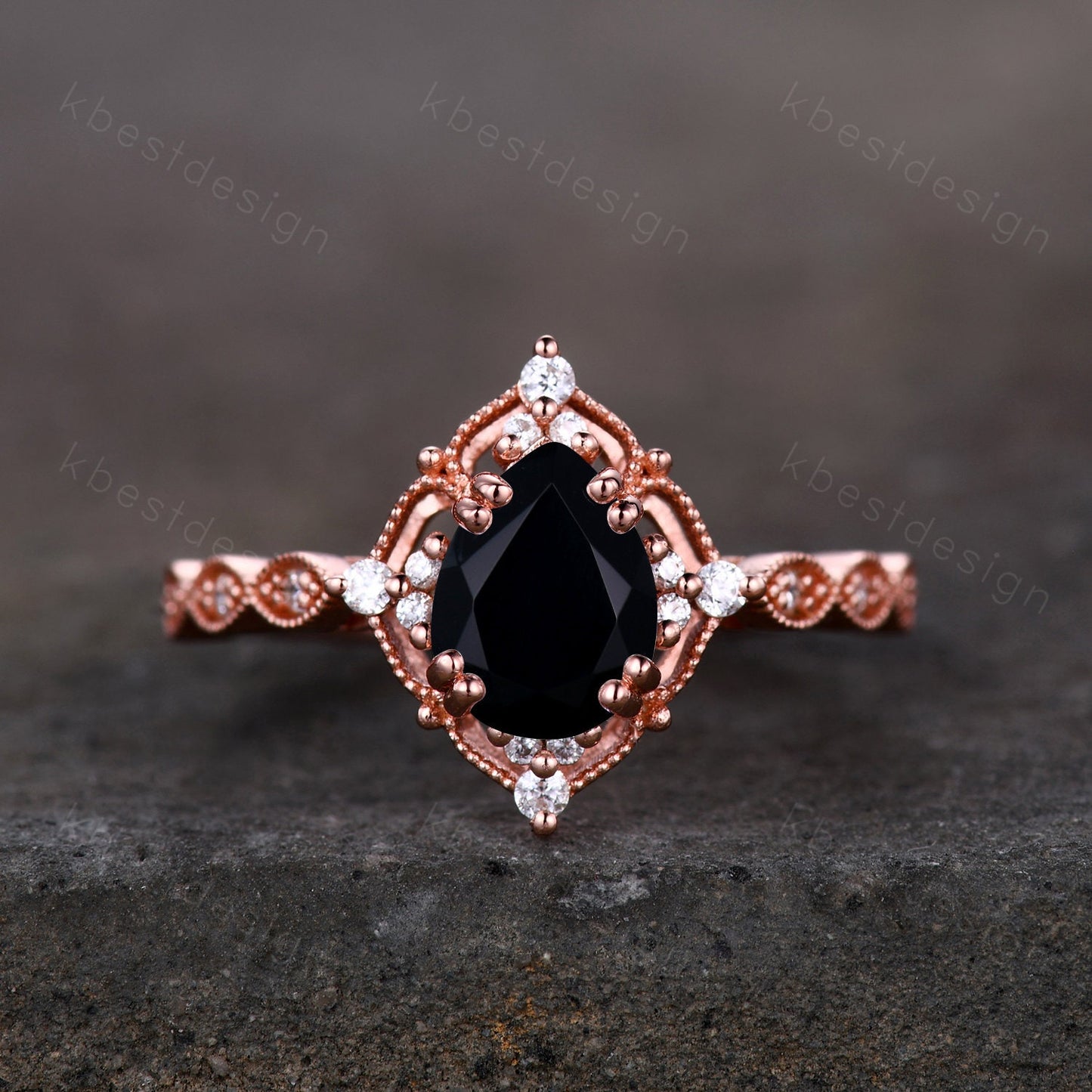 Vintage pear shaped black onyx engagement ring women rose gold rings unique art deco moissanite wedding ring Antique bridal Promise ring