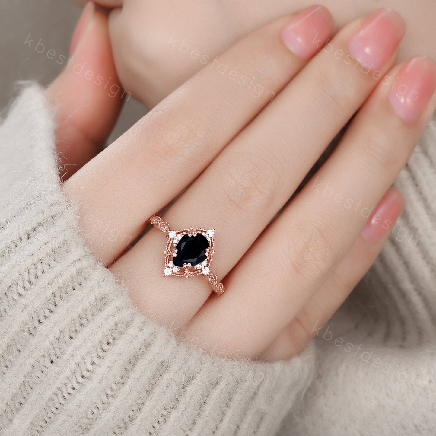 Vintage pear shaped black onyx engagement ring women rose gold rings unique art deco moissanite wedding ring Antique bridal Promise ring