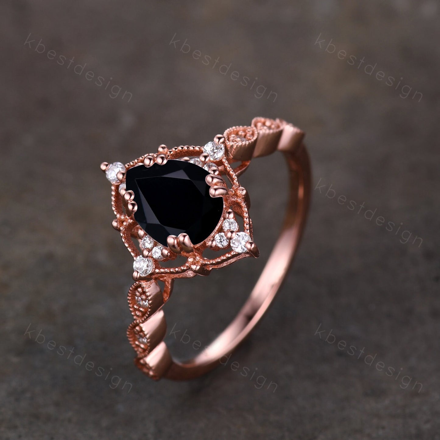 Vintage pear shaped black onyx engagement ring women rose gold rings unique art deco moissanite wedding ring Antique bridal Promise ring