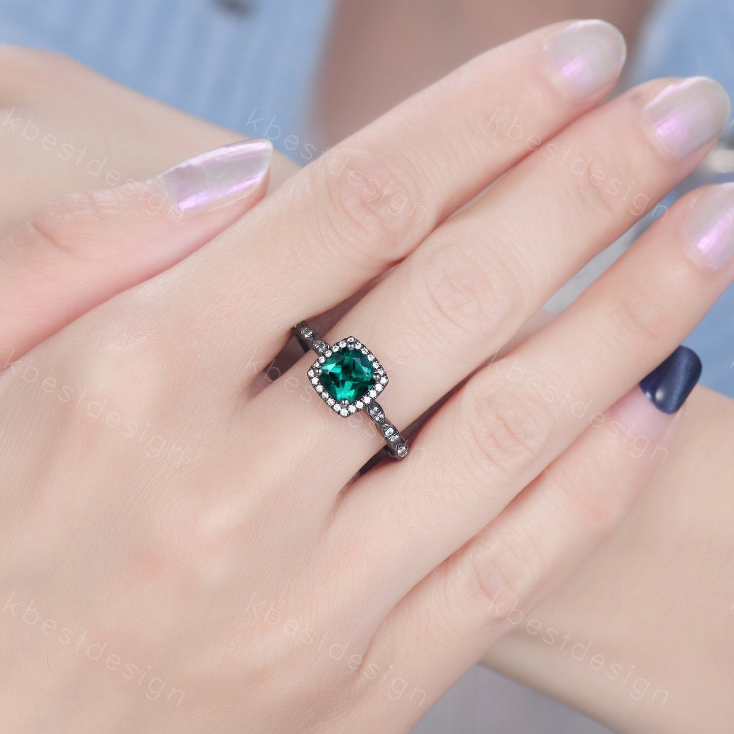 Cushion cut emerald ring black gold vintage emerald engagement ring May birthstone emerald ring art deco moissanite wedding promise ring