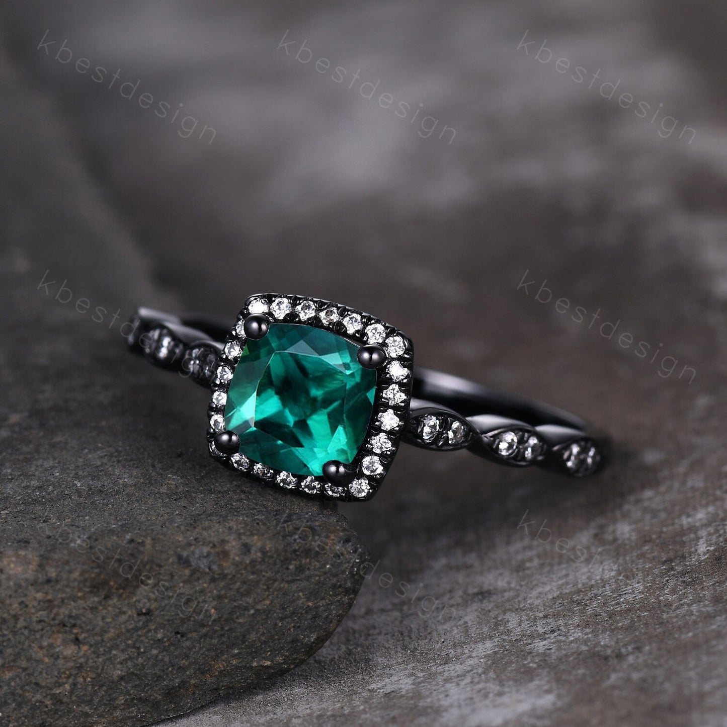 Cushion cut emerald ring black gold vintage emerald engagement ring May birthstone emerald ring art deco moissanite wedding promise ring