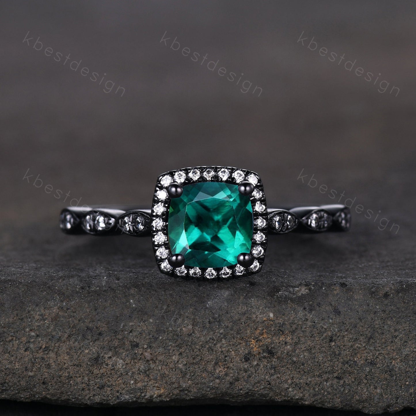 Cushion cut emerald ring black gold vintage emerald engagement ring May birthstone emerald ring art deco moissanite wedding promise ring