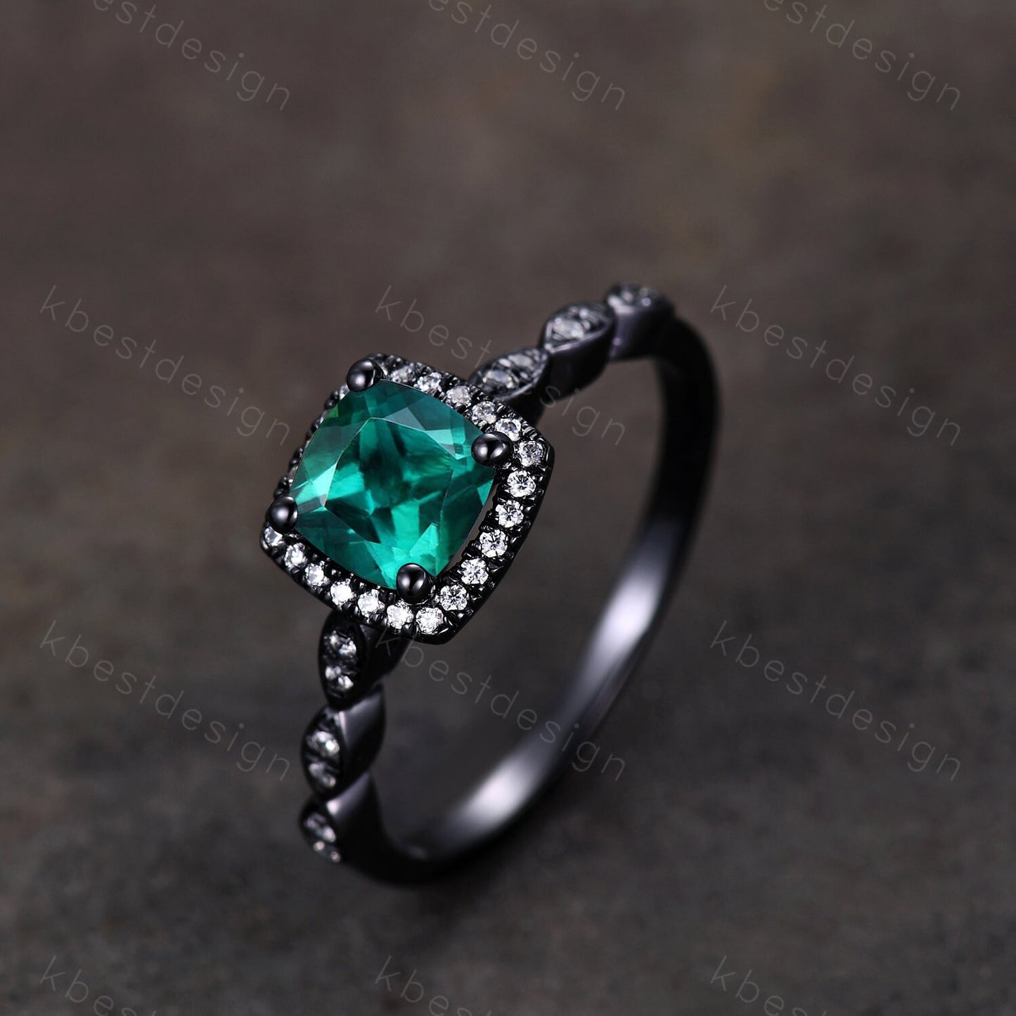 Cushion cut emerald ring black gold vintage emerald engagement ring May birthstone emerald ring art deco moissanite wedding promise ring
