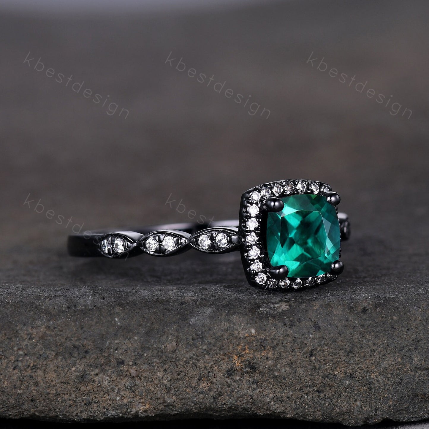 Cushion cut emerald ring black gold vintage emerald engagement ring May birthstone emerald ring art deco moissanite wedding promise ring