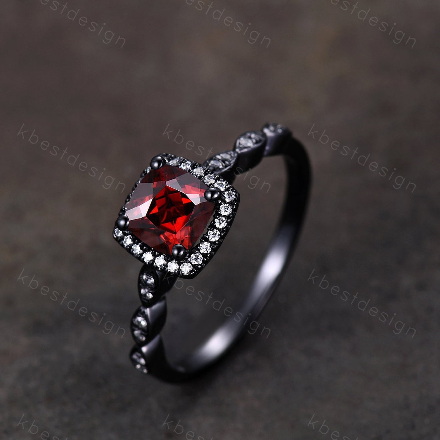 Unique red garnet ring vintage cushion cut garnet engagement ring 14k black gold ring January birthstone ring moissanite anniversary ring