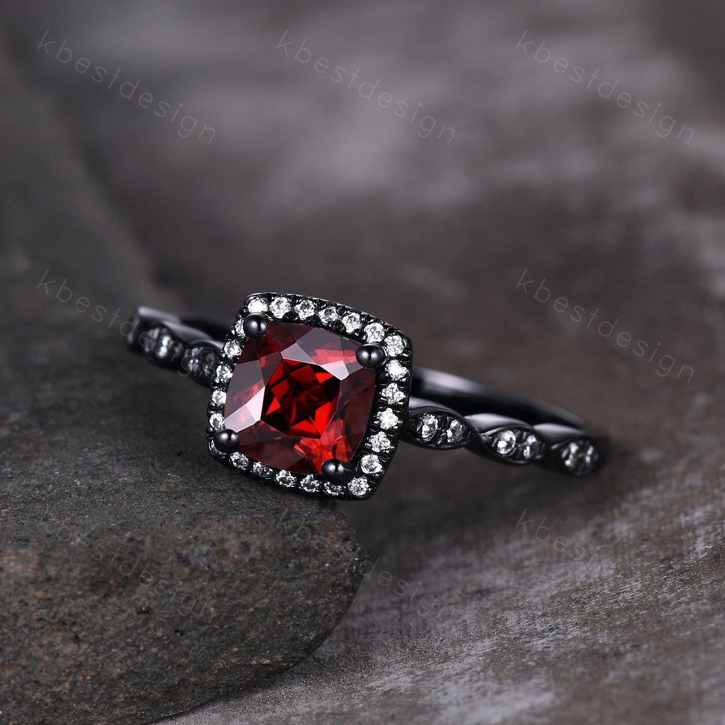 Unique red garnet ring vintage cushion cut garnet engagement ring 14k black gold ring January birthstone ring moissanite anniversary ring