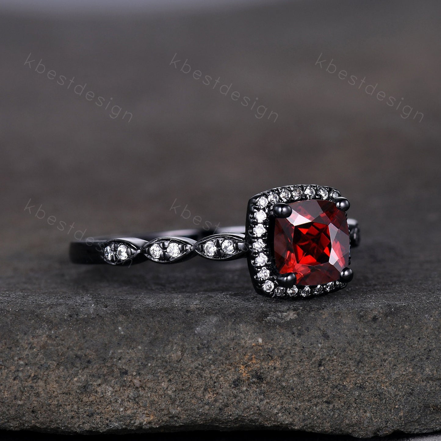 Unique red garnet ring vintage cushion cut garnet engagement ring 14k black gold ring January birthstone ring moissanite anniversary ring