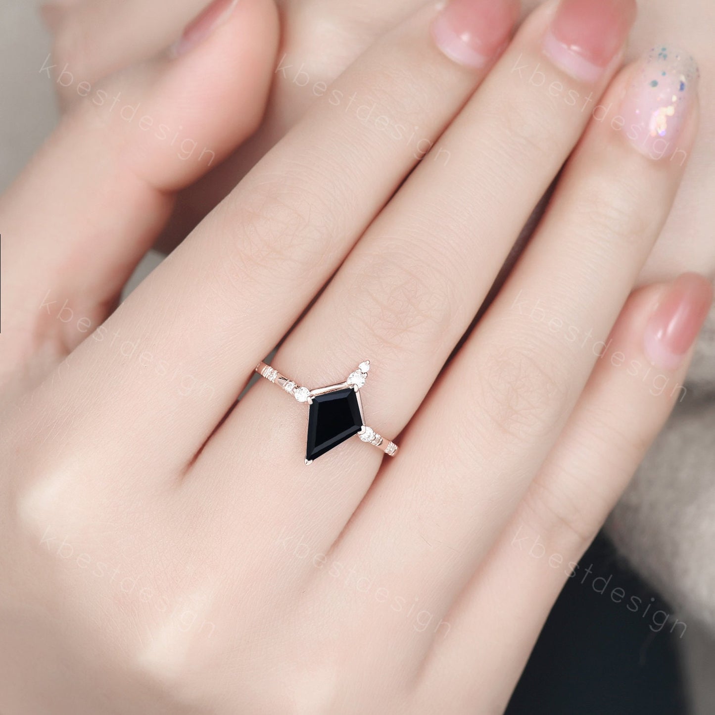 Vintage kite cut black onyx engagement ring unique art deco moissanite wedding ring for women black stone ring promise anniversary gift