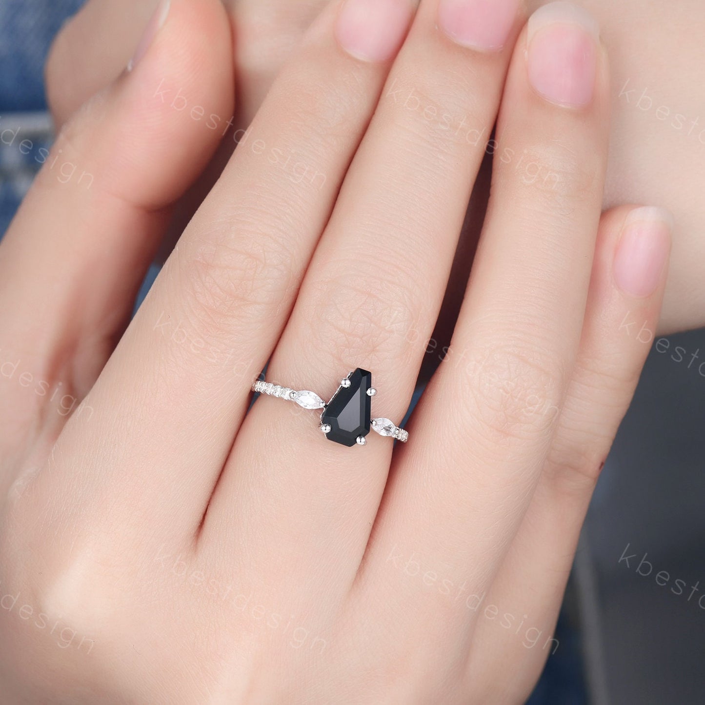 Coffin shaped black onyx engagement ring vintage white gold rings for women art deco marquise cut moissanite ring antique promise ring